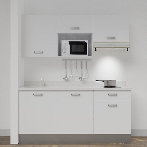 Kitchenette K30 - 180 cm - façades Blanc - Plan monobloc en quartz coloris Snova évier à gauche