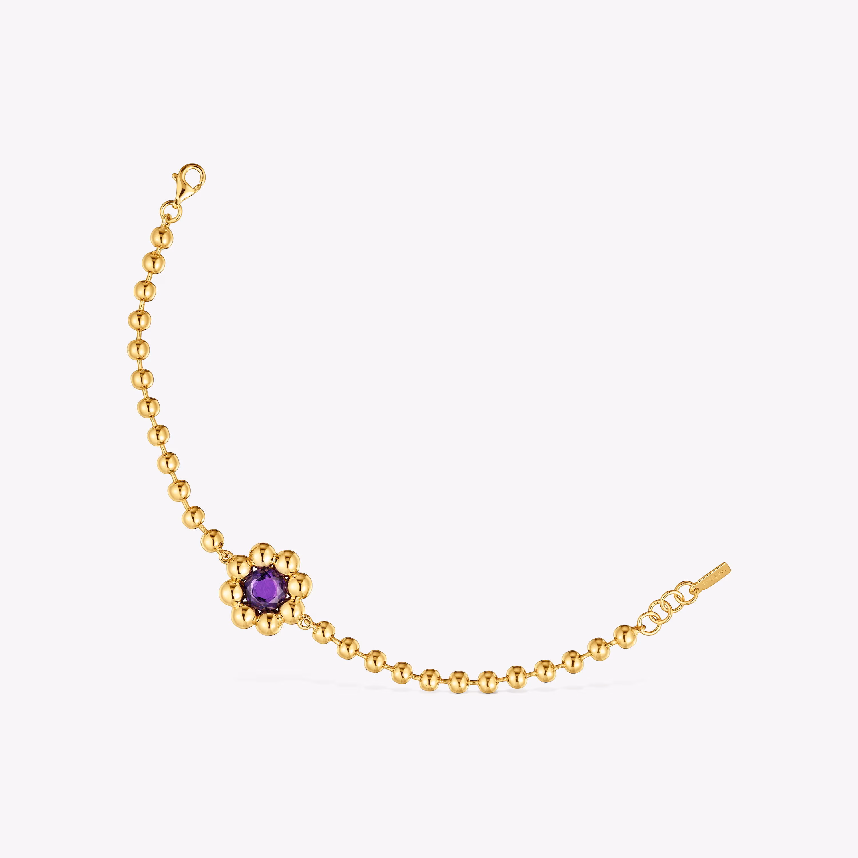 Pulsera cadena flor con baño de oro 18 kt sobre plata y amatista Sugar Party
