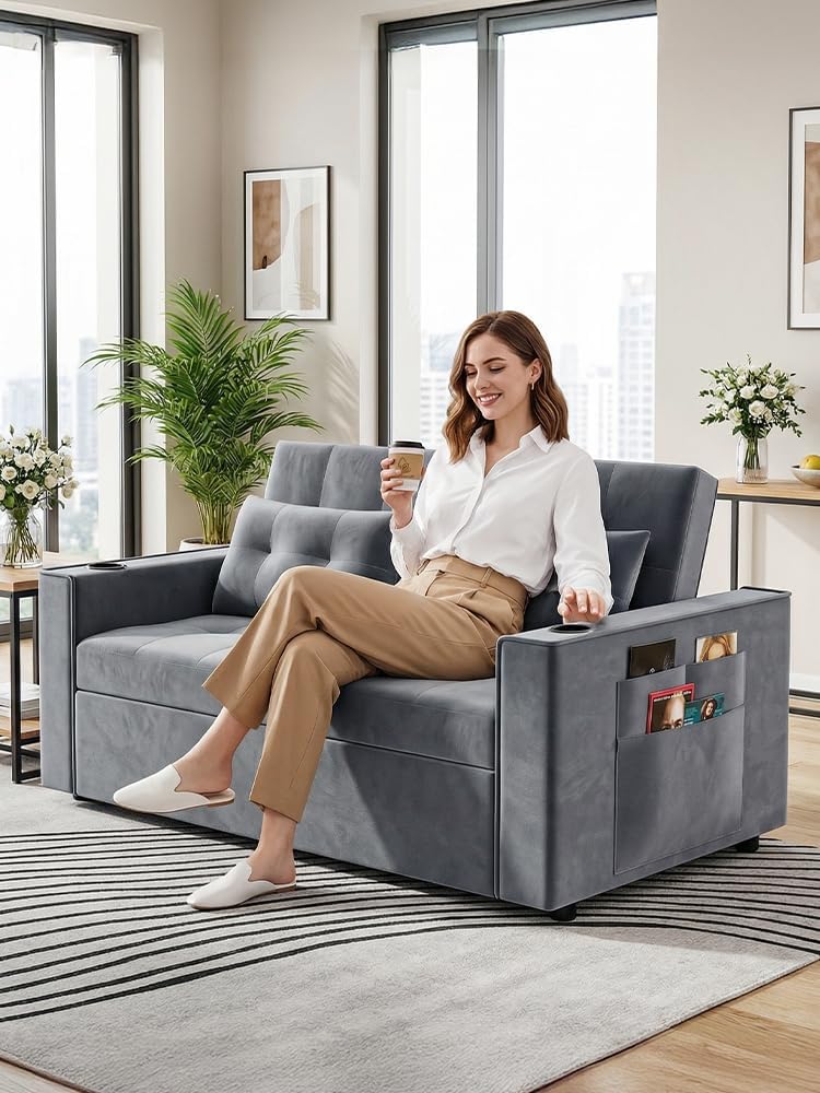 3-in-1 Pull Out Sofa Bed with Charging Station, Cup Holder & Side Storage - 70 Multi-Functional Recliner Sofa Bed for Home Living Room Grey 2