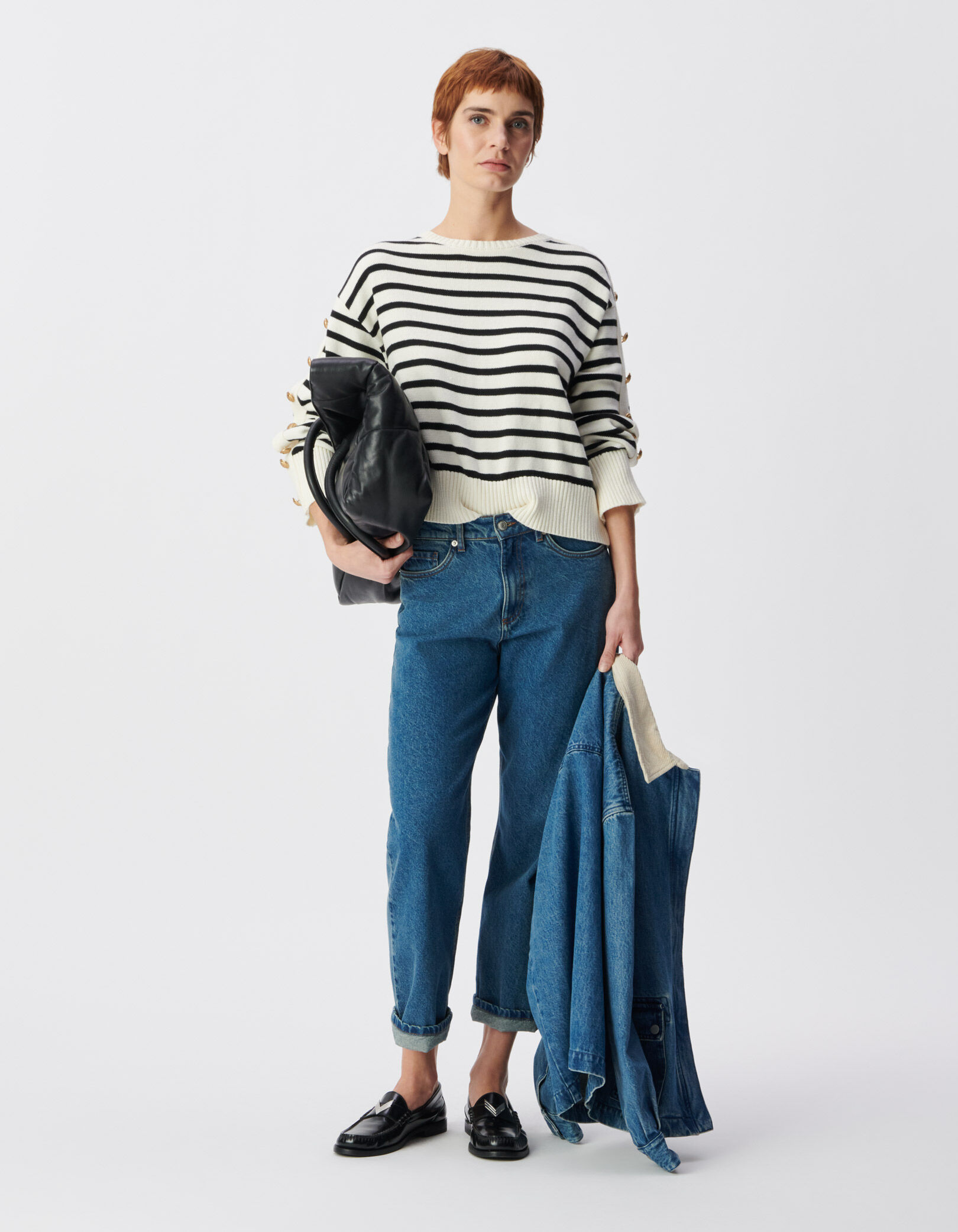 Pull marinière court boutons gravés aux manches Femme