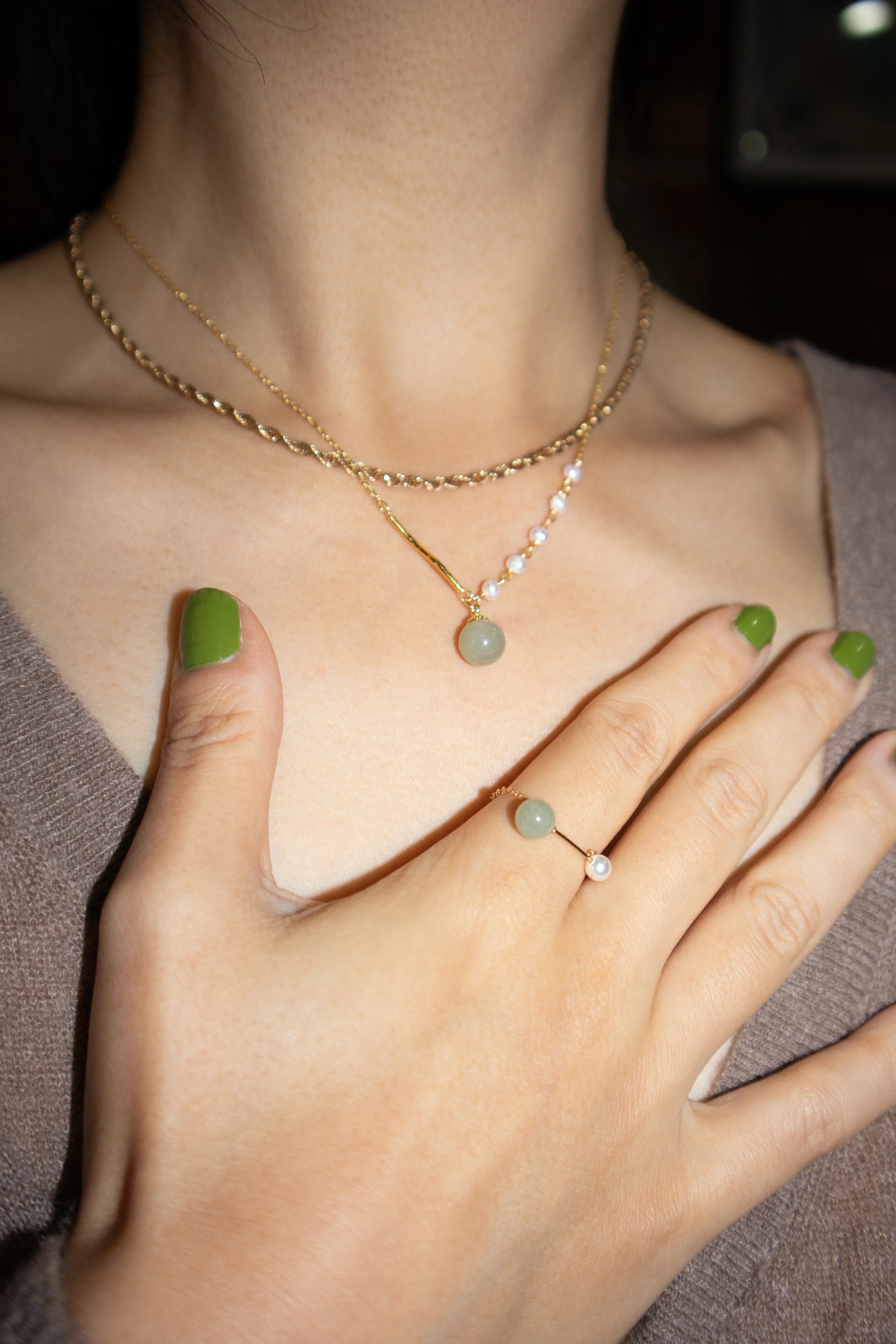 Isla — Green Jade and Freshwater Pearl Necklace