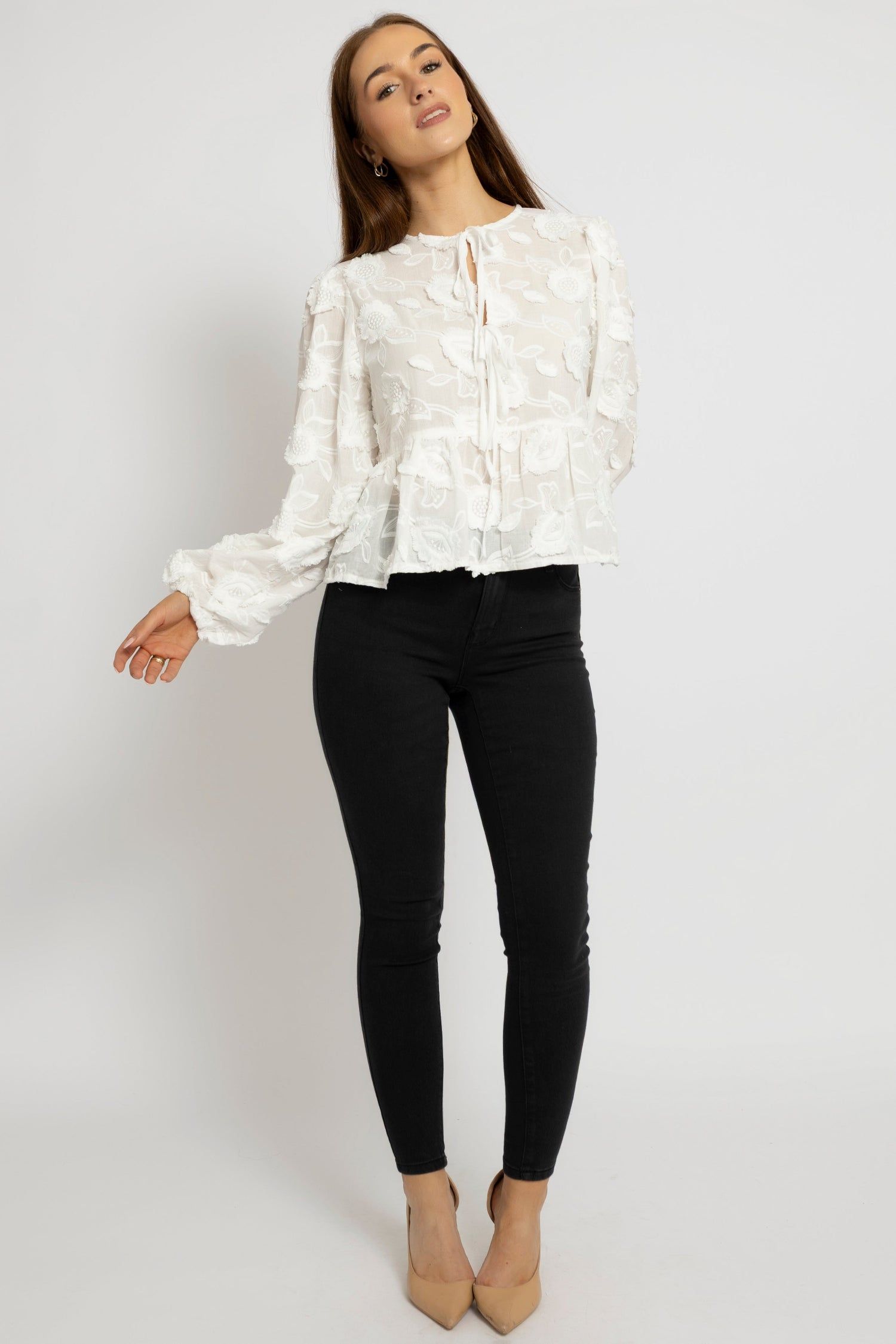 Cutie London Textured Floral Detail Sheer Blouse