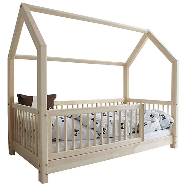 Lit cabane 90x200 barrière et sommier inclus pieds 5 cm Florie Bois