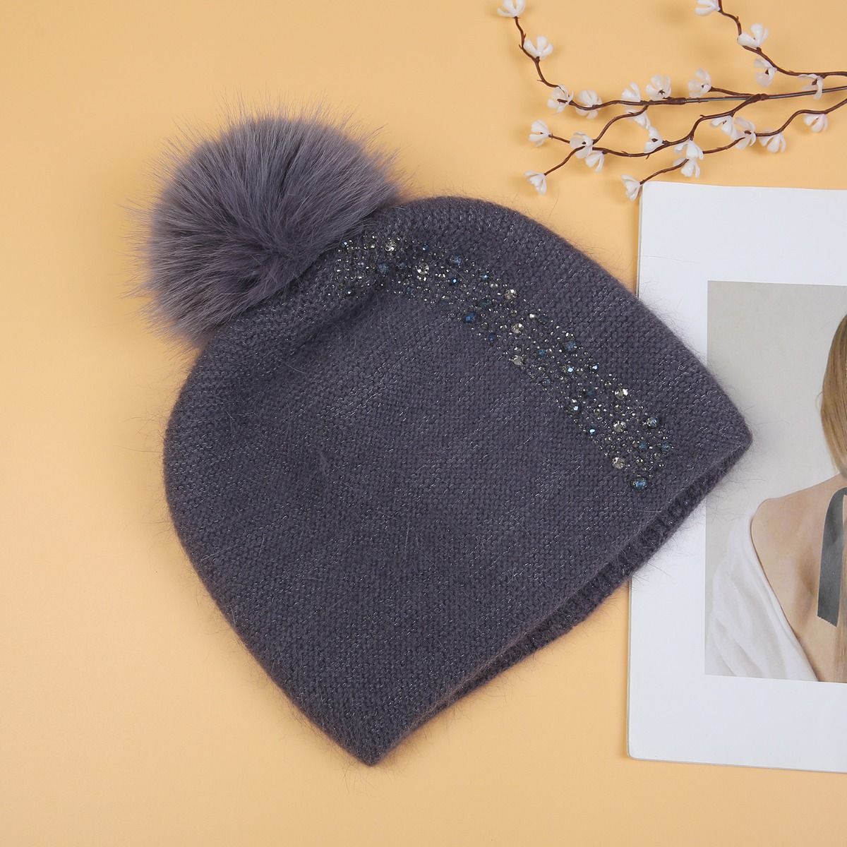 PEACH ACCESSORIES Elegant Sparkle Embellished Pompom Hat