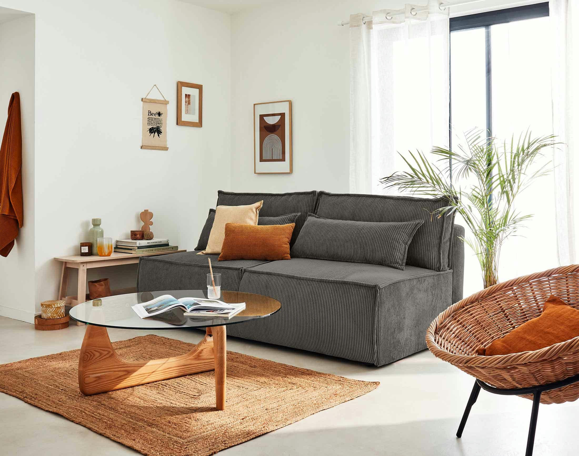 KIARA - Canapé droit convertible 3 places en velours côtelé gris