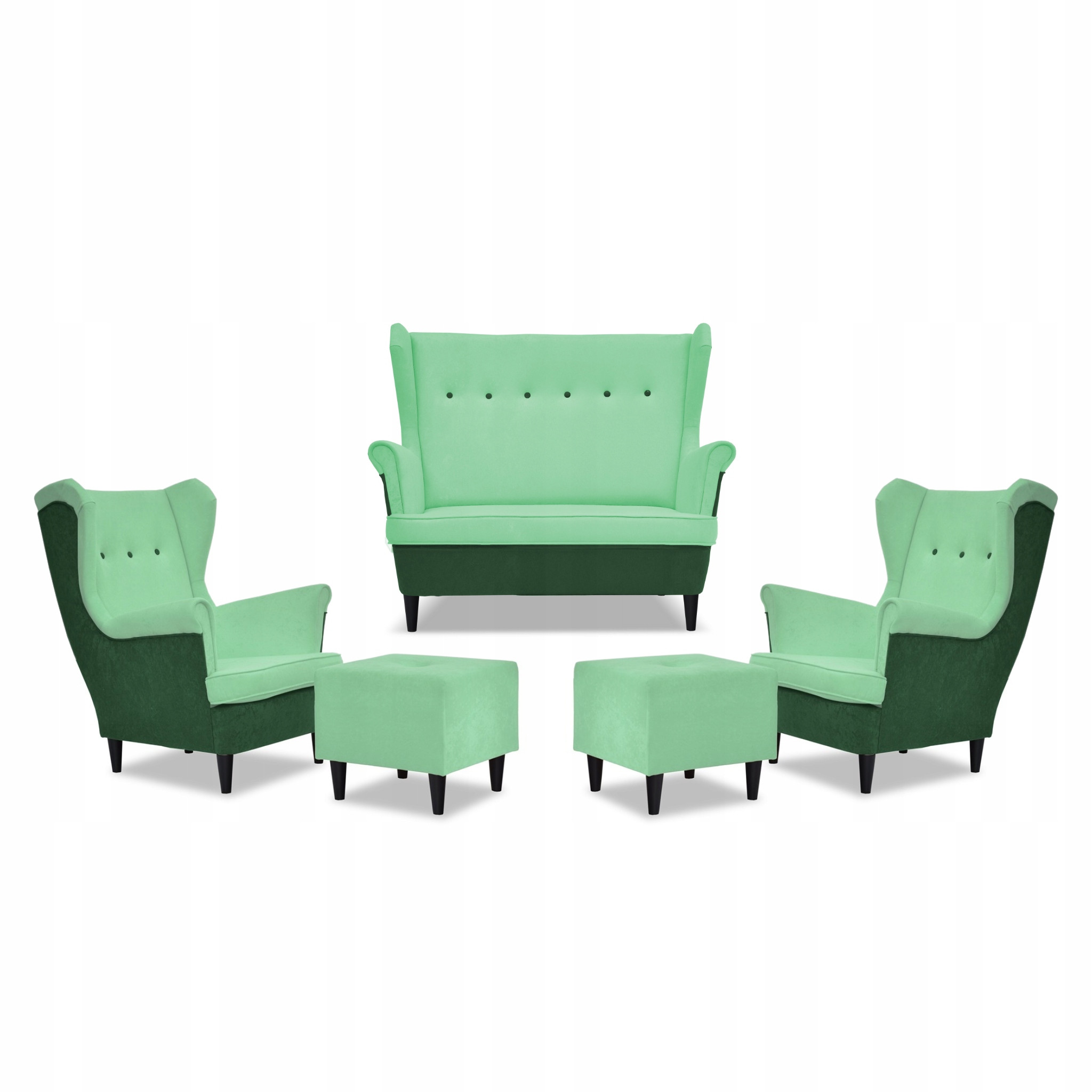 Zestaw wypoczynkowy ARI DUO sofa fotele pufy Family Meble zielono - miętowy