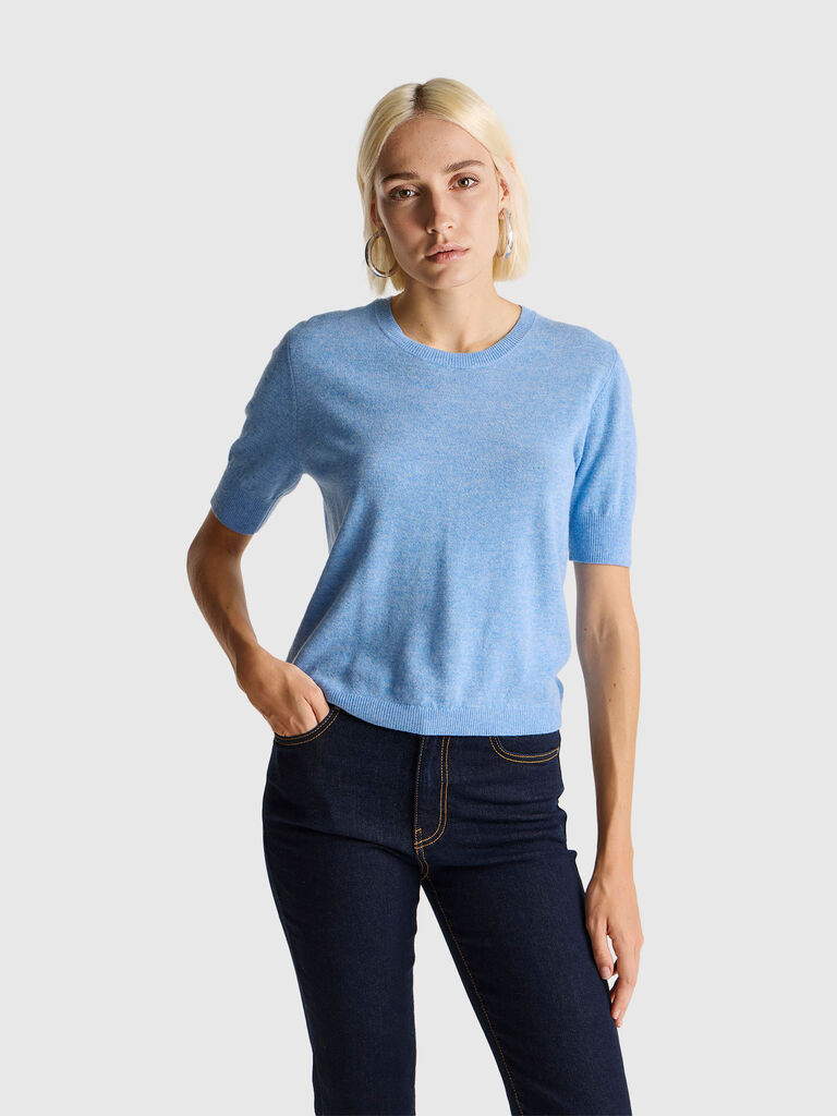 Light blue short sleeve sweater in pure Merino wool