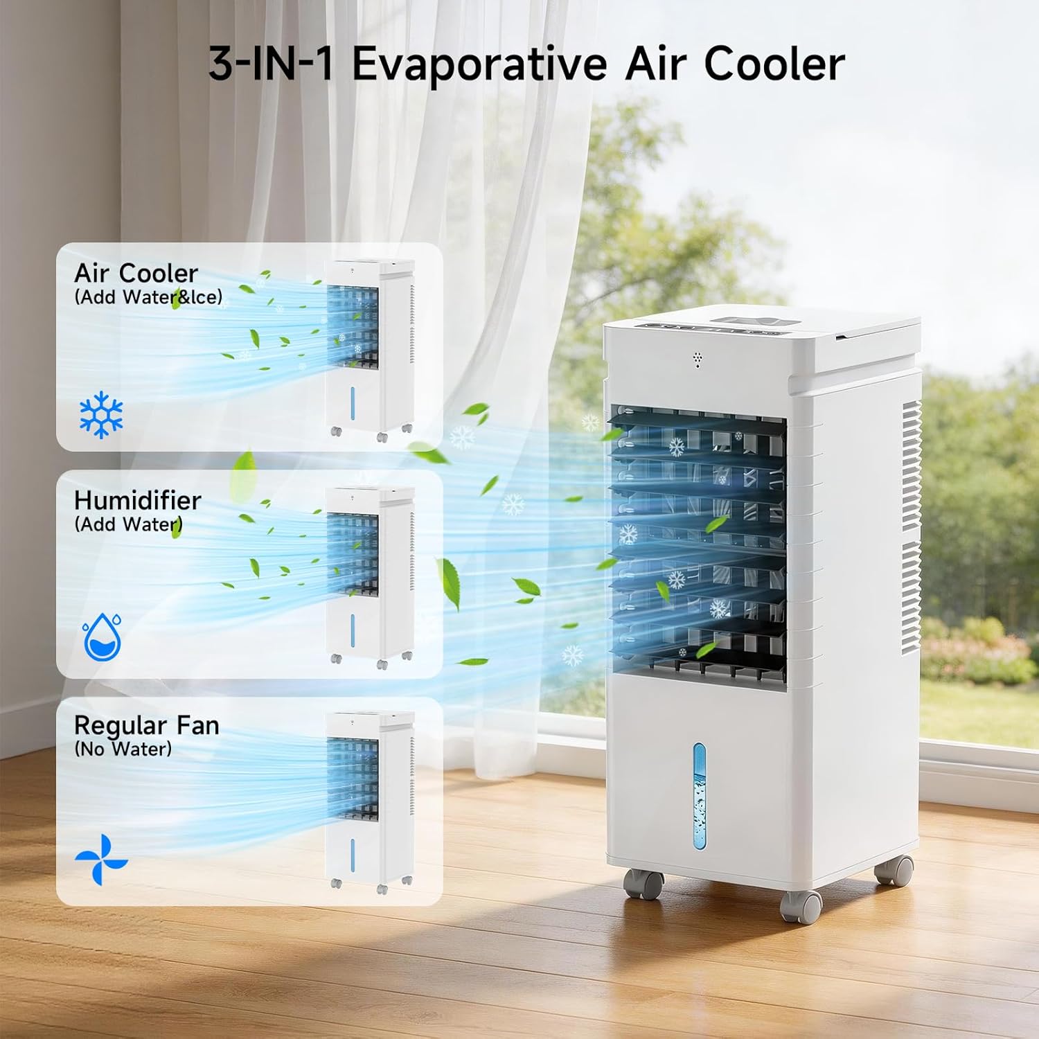 Portable Air Conditioners, 3-IN-1 Evaporative Air Cooler,Cooling Fans that Blow Cold Air with 60° Oscillation,9H Timer,3 Modes & 12 Speeds, 8 Ice Packs, Windowless Portable AC for Room,Bedroom,Office