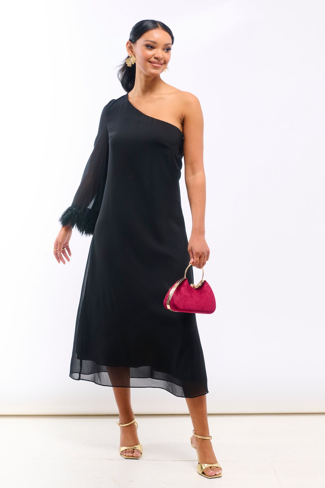 Needs No Label Black Asymmetric Feather Cuff Dress