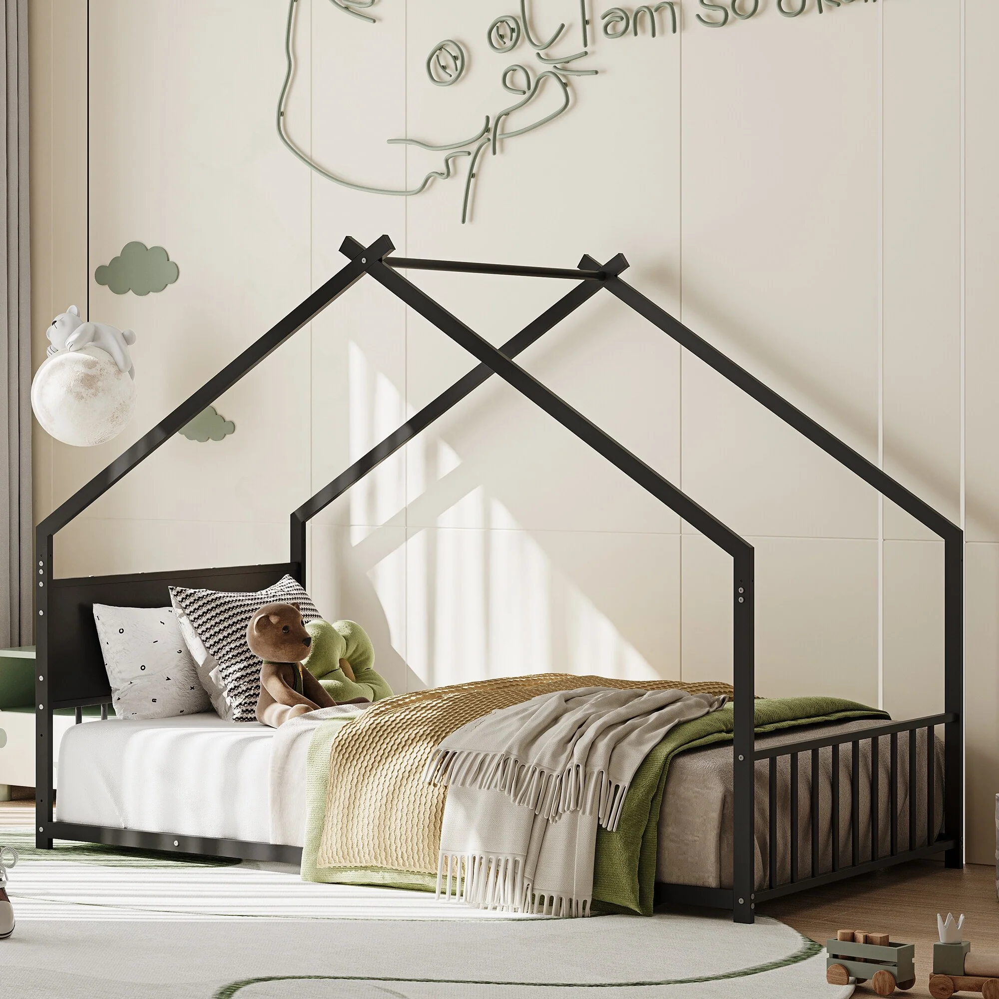 House Bed with Roof and Colorful Lights, House-shaped Frame Floor Bed with House Roof Frame, Metal Bed Frame with Slats and Legs