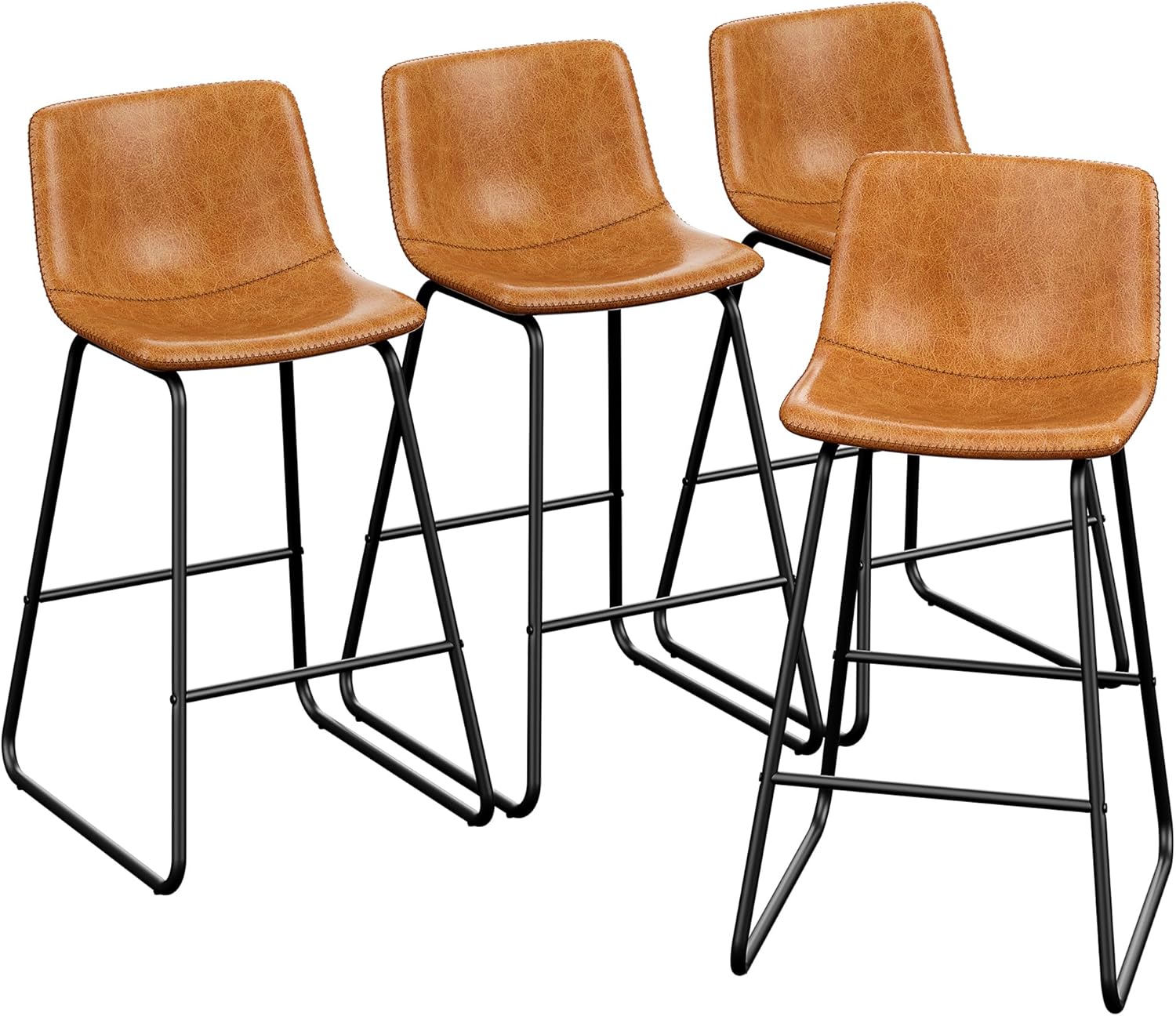 Bar Stools Set of 4, PU Leather Counter Height Bar Stools, 26 Modern Barstools with Metal Legs and Footrest, Urban Armless Dining Chairs with Backrest for Kitchen Island (Brown)