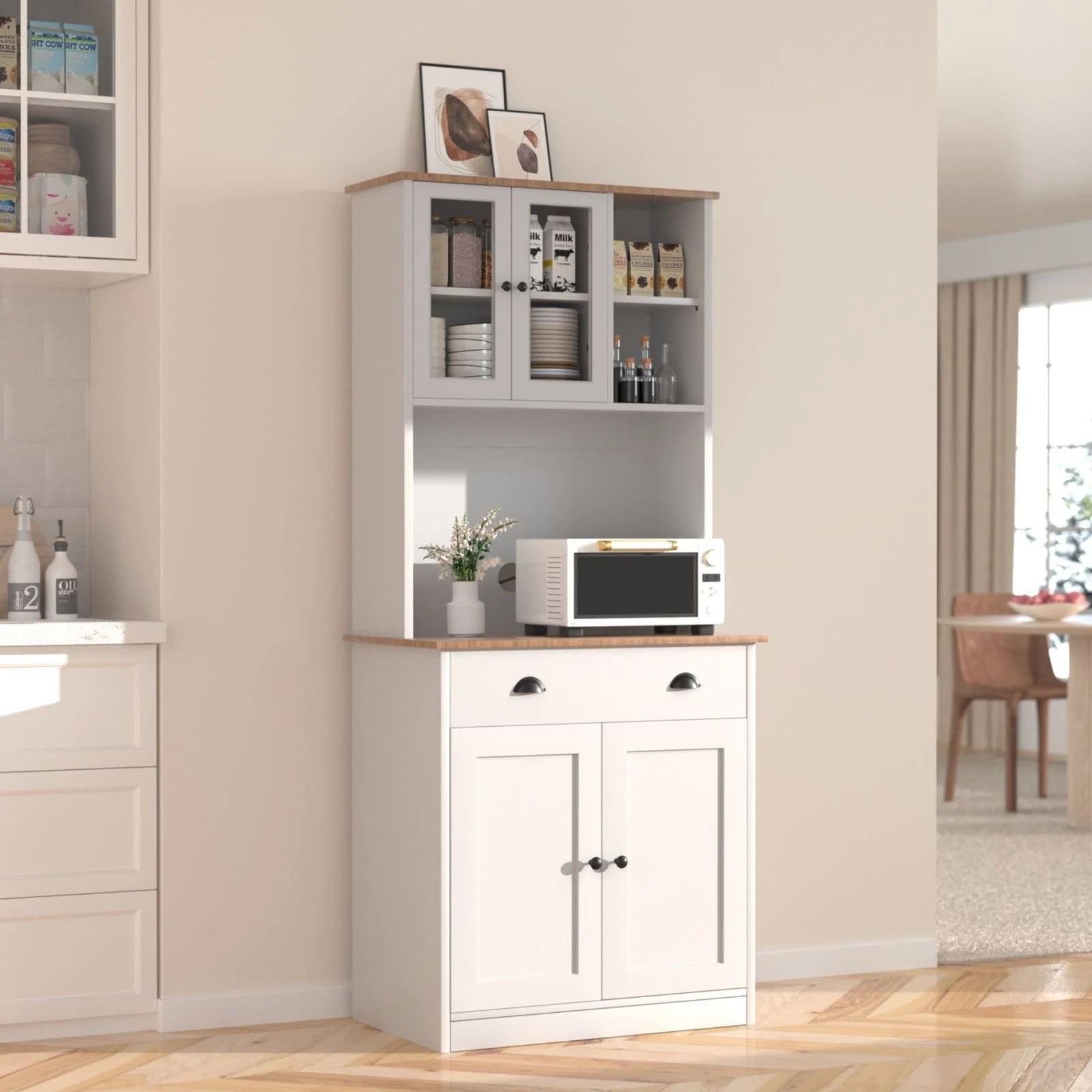 VEIKOUS 72'' Back Panel Perforated Glass Door Kitchen Storage Cabinet with Microwave Stand