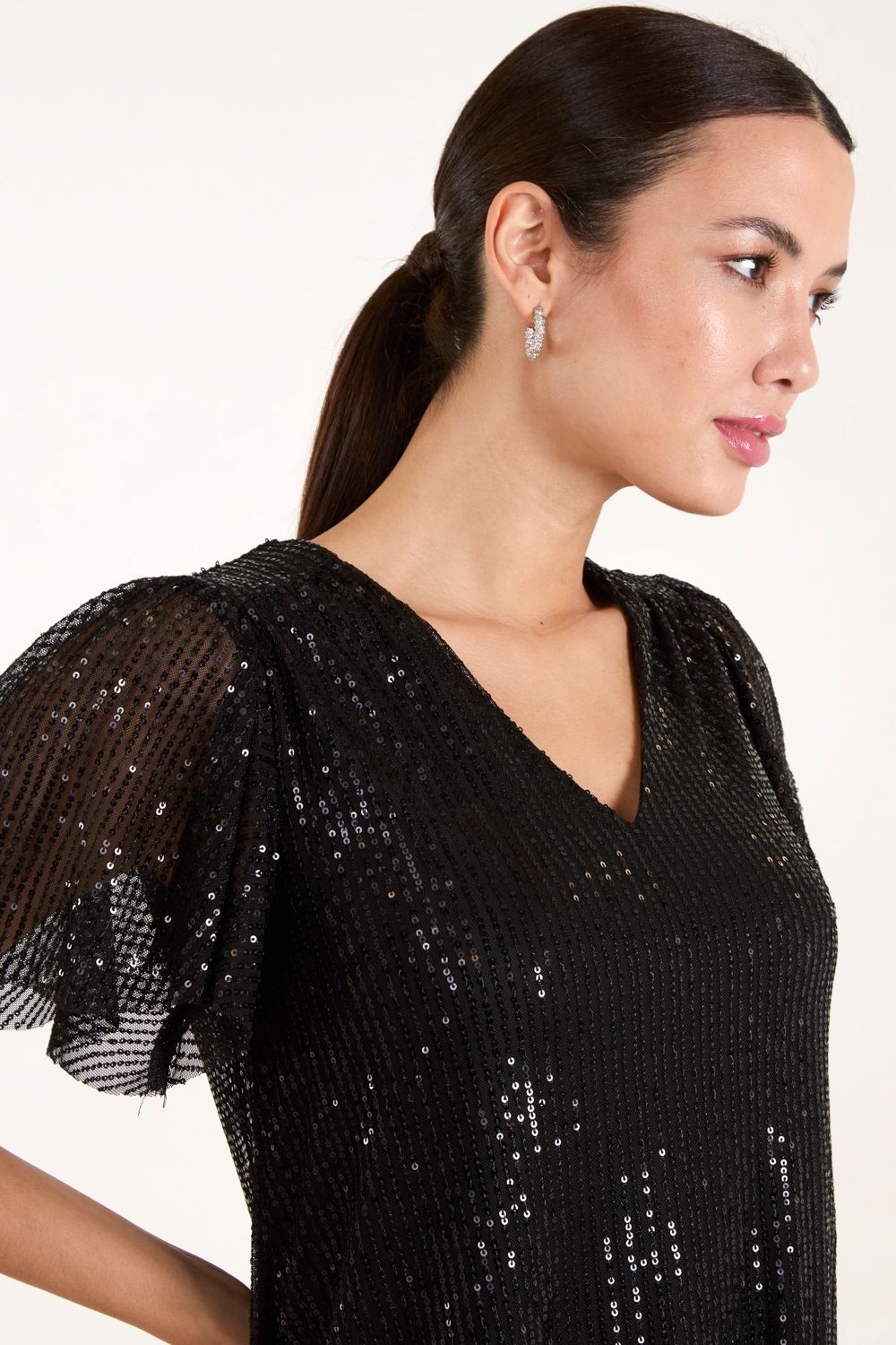 Blue Vanilla Long Sleeved Sequin Flutter Sleeve Dress