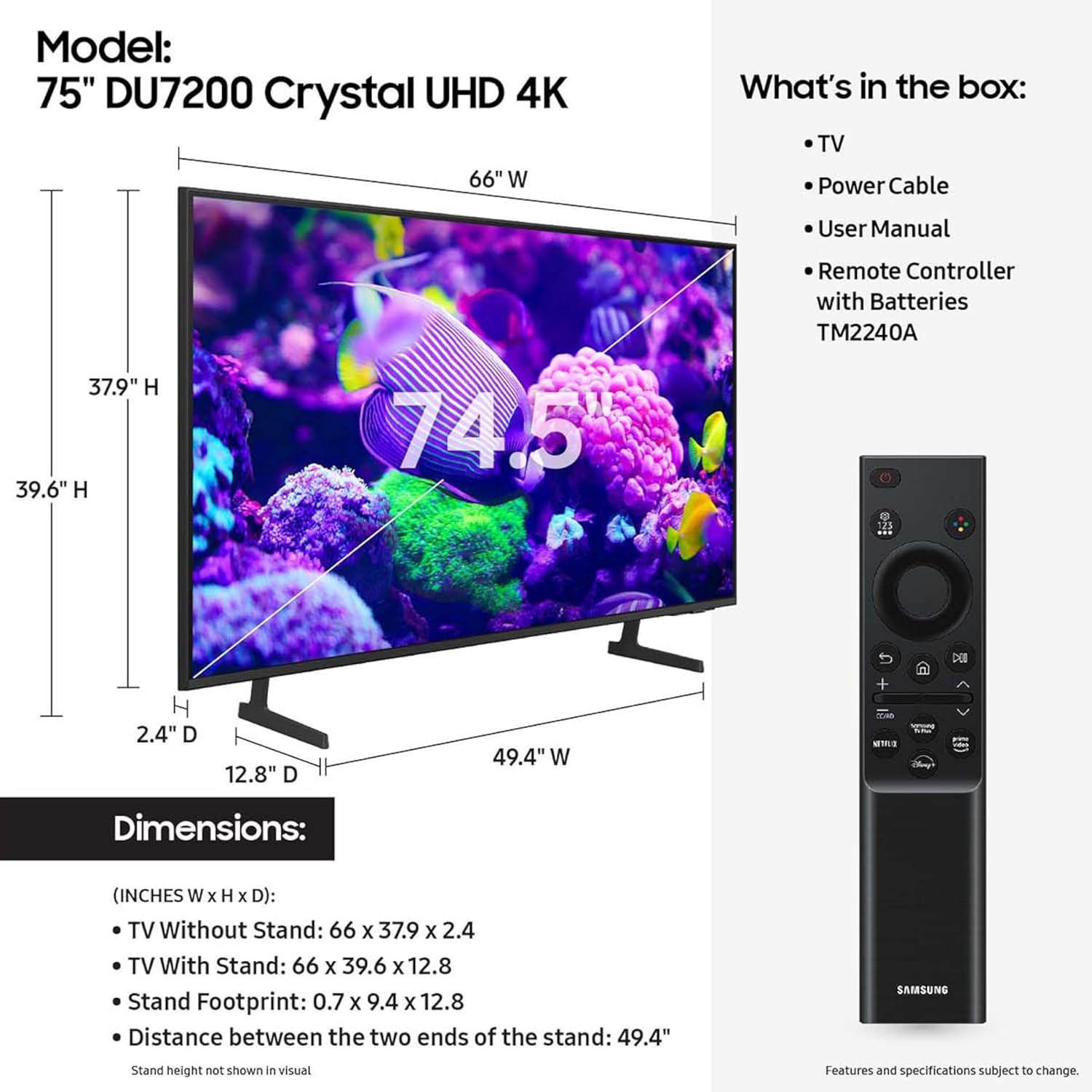 Samsung 75-Inch Class Crystal UHD 4K DU7200 Series HDR Smart TV w/Object Tracking Sound Lite  PurColor  Motion Xcelerator  Mega Contrast  Q-Symphony (UN75DU7200  2024 Model)