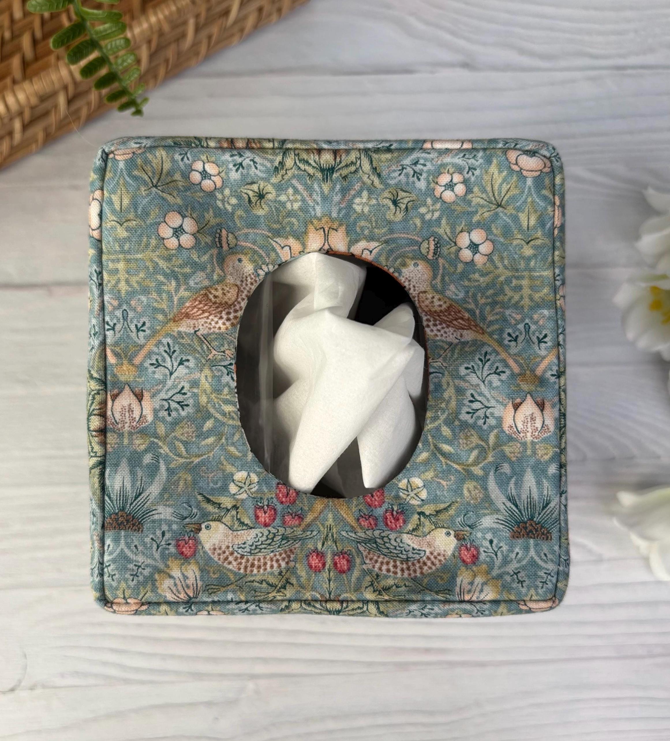 William Morris Strawberry Thief Aqua Tissue Box Cover | Reversible Fabric Floral Bird Decor | Handmade Cottage Home USA
