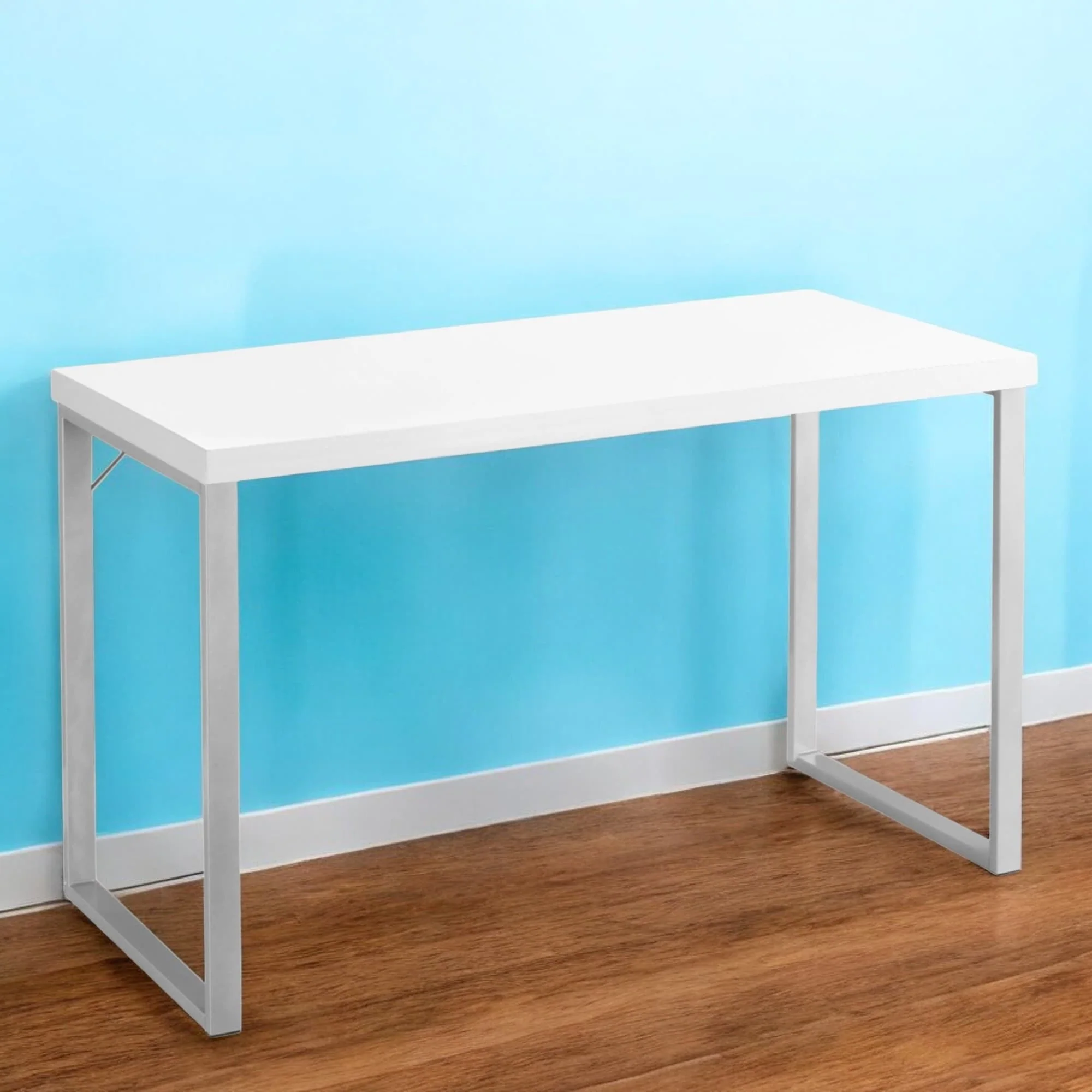 White Wood Computer Desk with Silver Metal Base, Glossy Finish