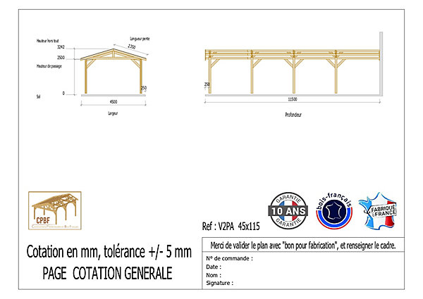 Carport adossé deux pentes 450cmx400cm bois DOUGLAS Français (Charpente en bois-auvent-abri voiture) 18m². Garantie 10 ans
