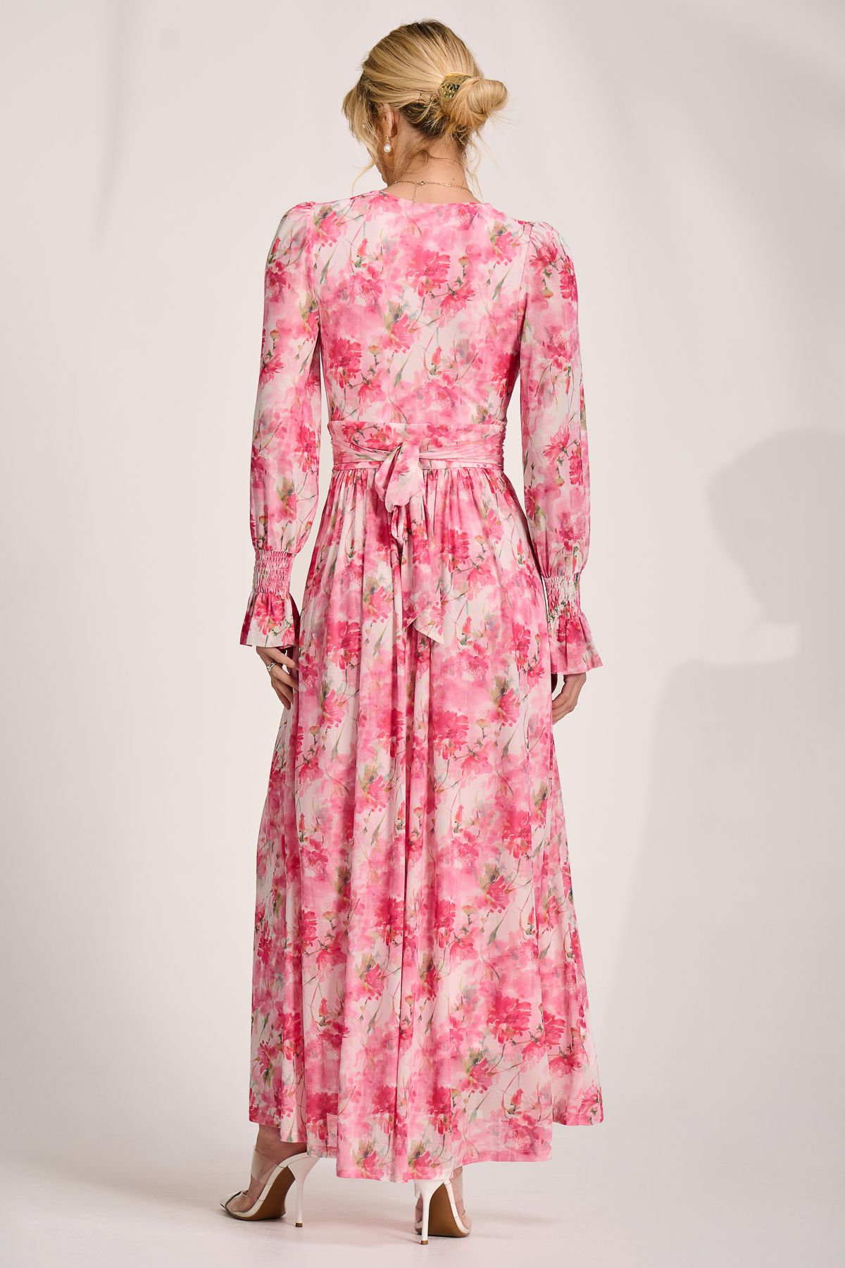 Jolie Moi Long Sleeve Dip Hem Mesh Maxi Dress