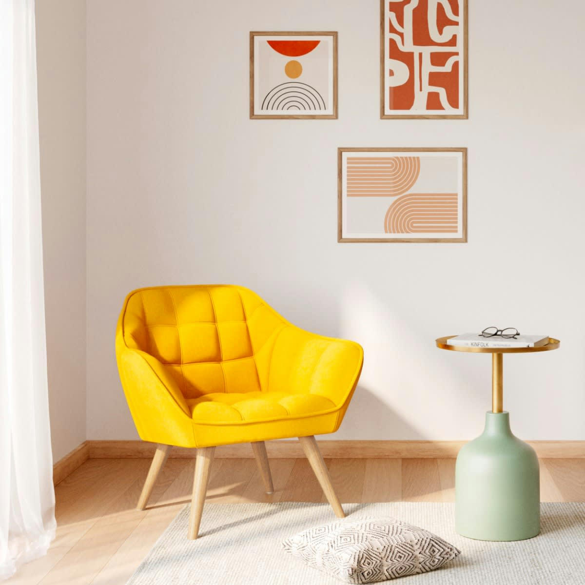SIMBA - Fauteuil en tissu jaune avec accoudoirs