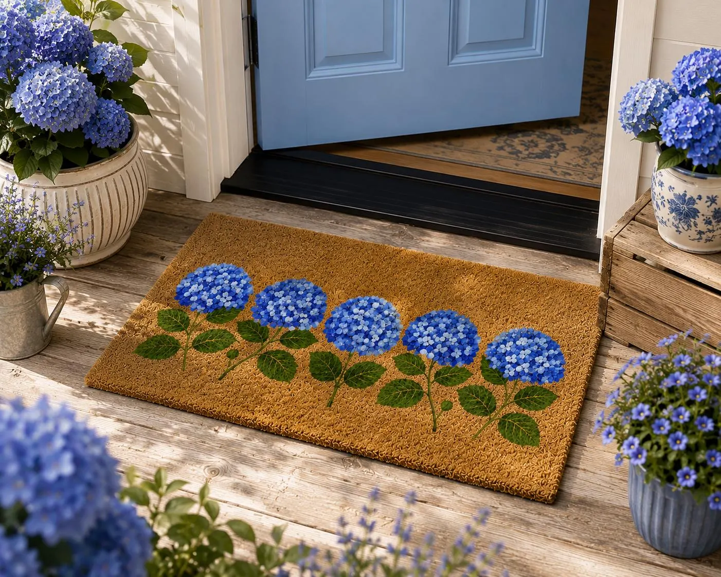 Blue Hydrangea Doormat, Floral Welcome Mat, Hydrangea Door Mat, Garden Flower Porch Decor, Housewarming Gift, Front Door Rug, New Home Gift