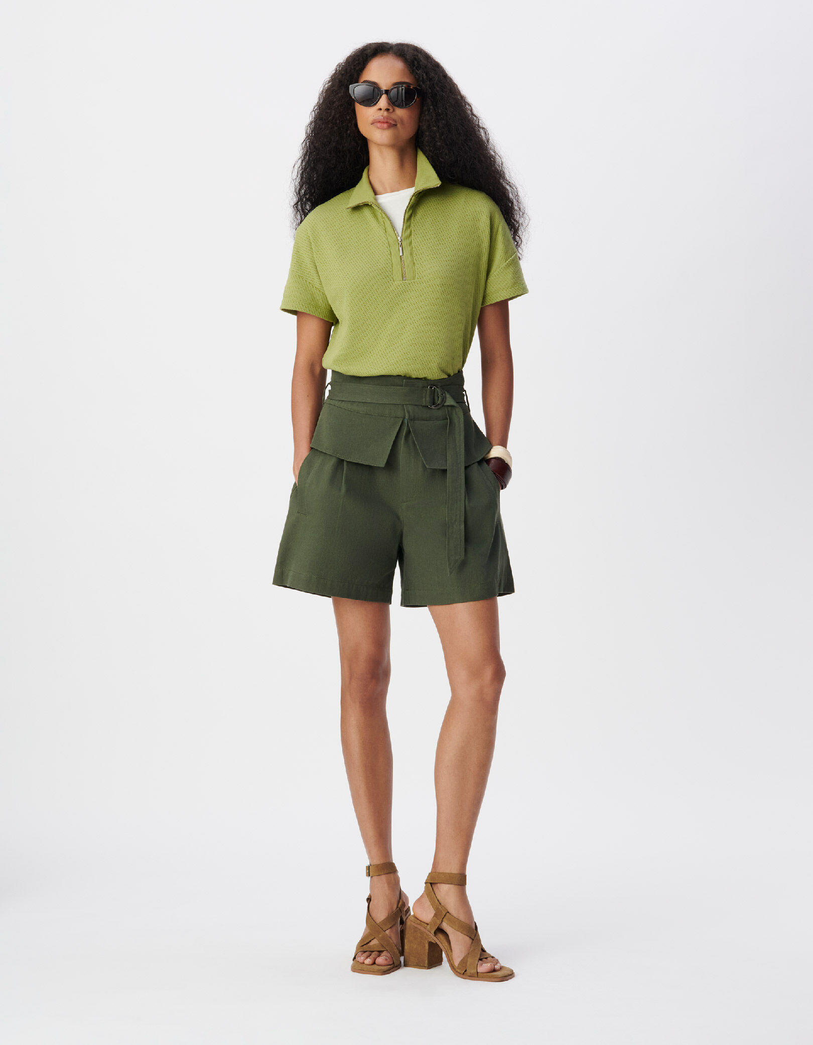Tee-shirt col zippé vert maille fantaisie Femme