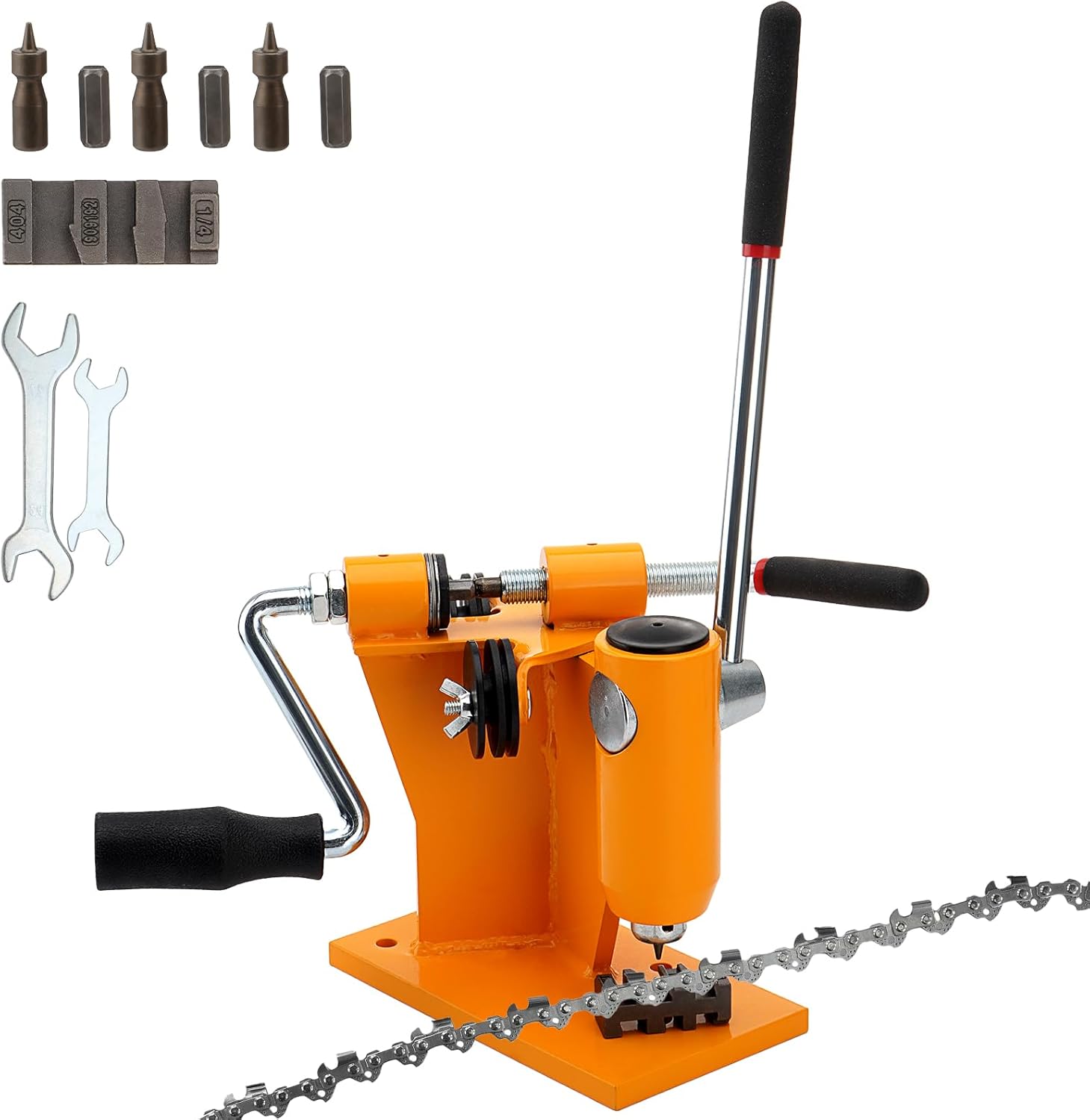 2-in-1 Chainsaw Chain Breaker and Spinner, Manual Chain Breaker and Rivet Spinner, Benchtop Chainsaw Chain Repair Tool with 3 Quenching Drill Bits, 3 Anvils, and 2 Hex Wrenches
