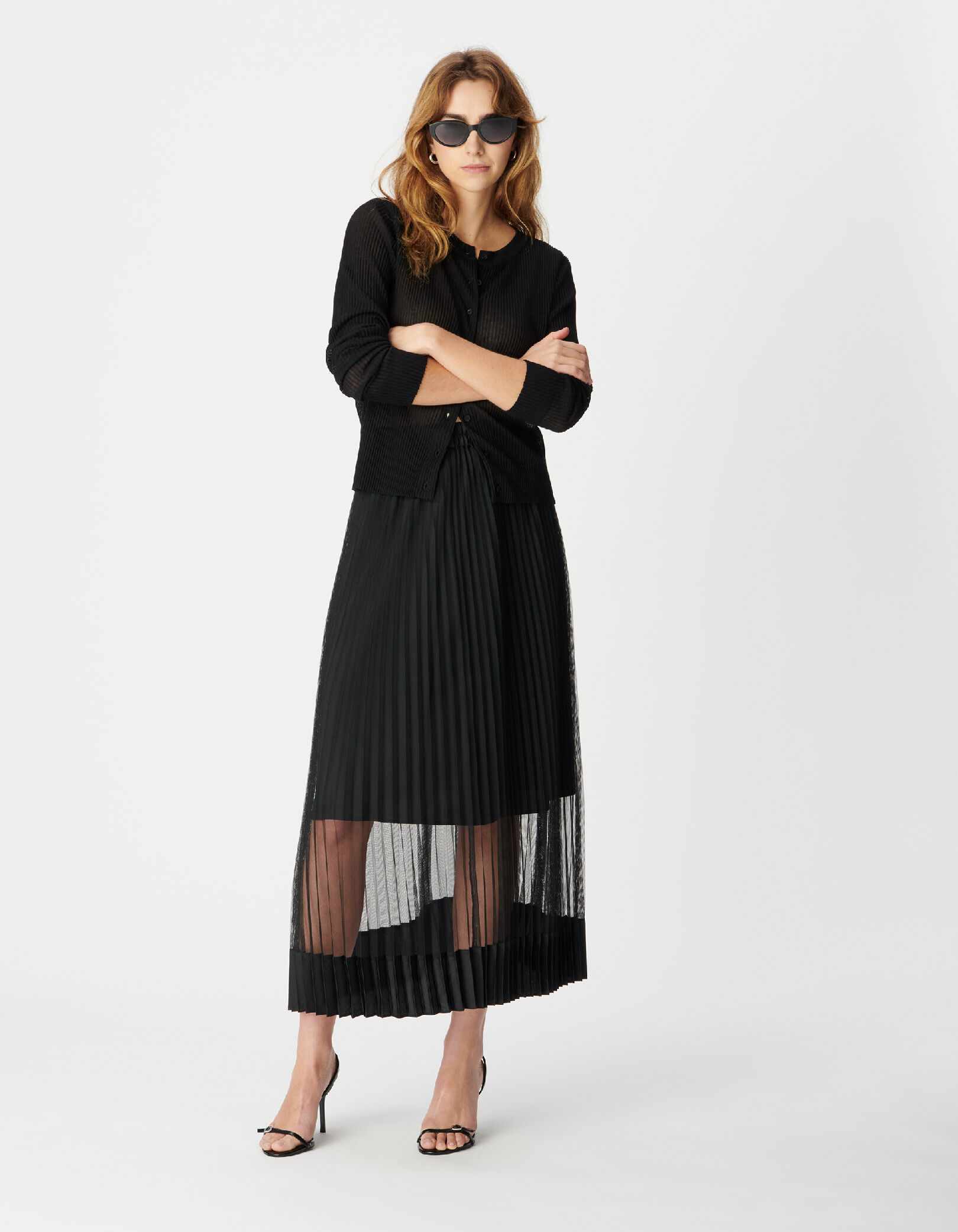 Jupe longue plissée noire tulle bas satiné Femme