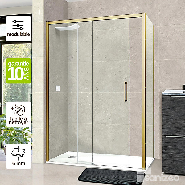 Paroi de douche porte coulissante et paroi latérale DROITE - L.164/168xl.80xH195 cm - verre 6mm Or Brossé SUPERBAN Vézannes 2PL