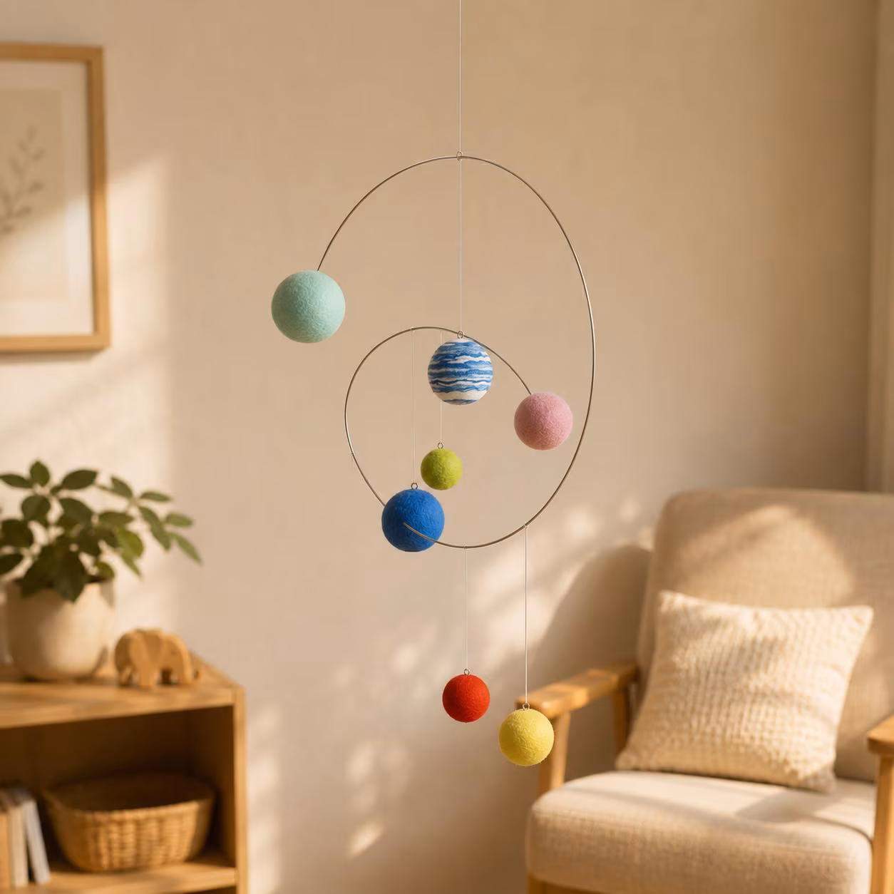 Handmade Kinetic Planets Mobile, Mid Century Modern Ceiling Decor, Baby Nursery Art