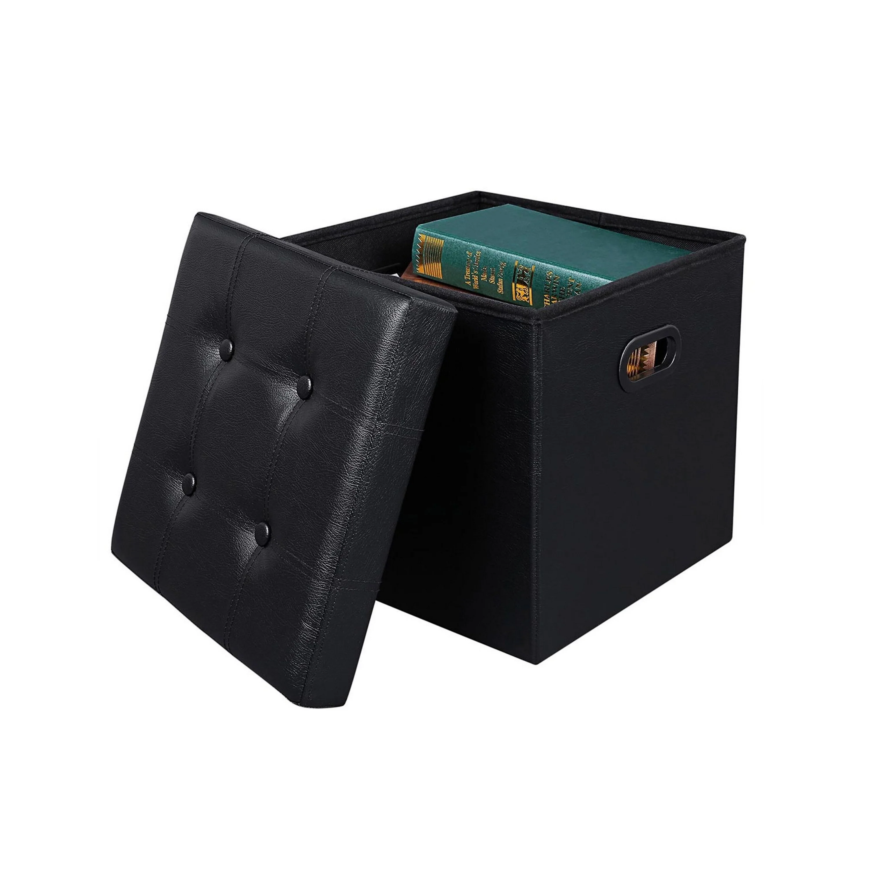 Digi 15 Inch Folding Storage Ottoman, Cushioned, Removable Lid, Black