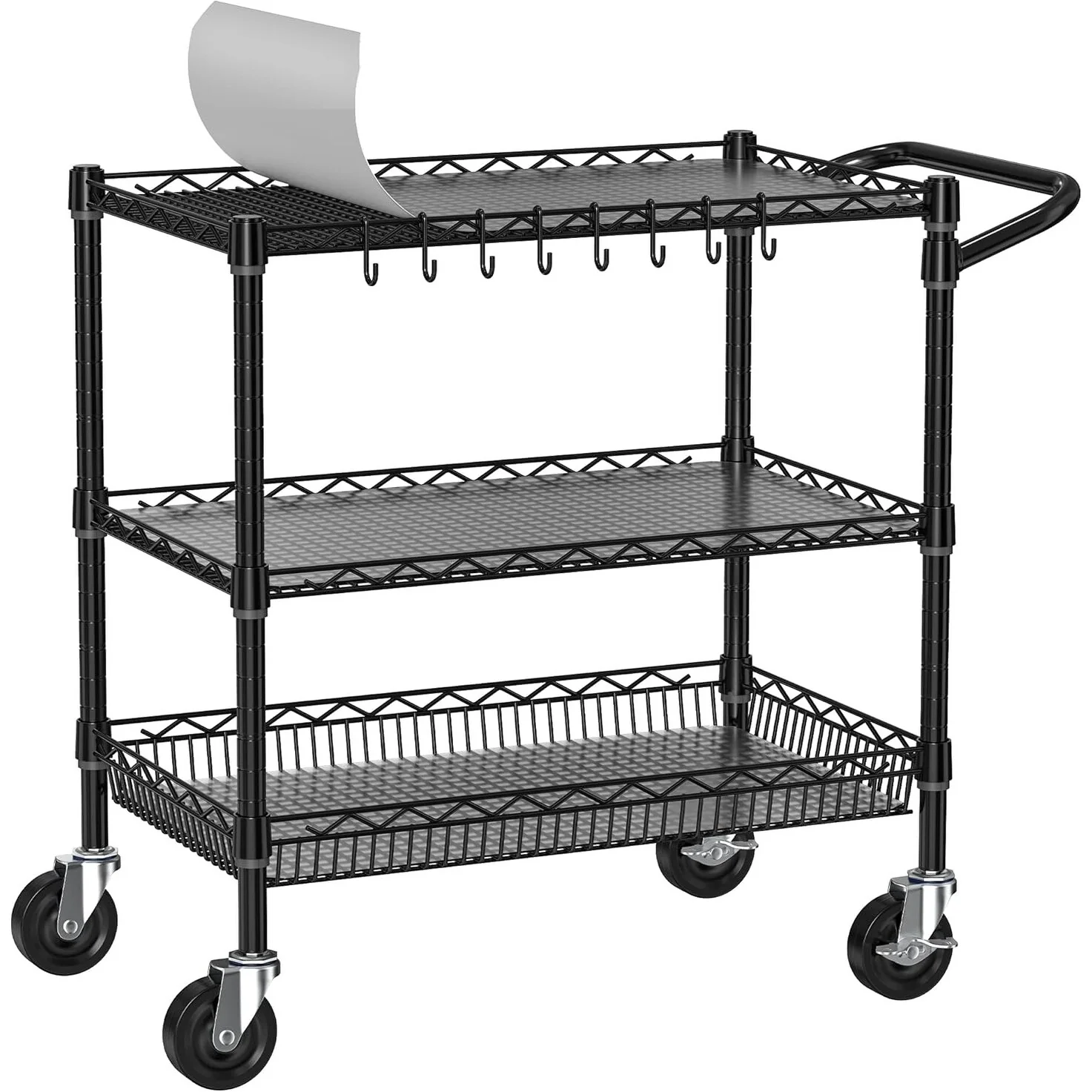 3-Tier Heavy Duty Metal Rolling Cart 990lb Capacity Wire Storage Trolley for Kitchen Garage Office