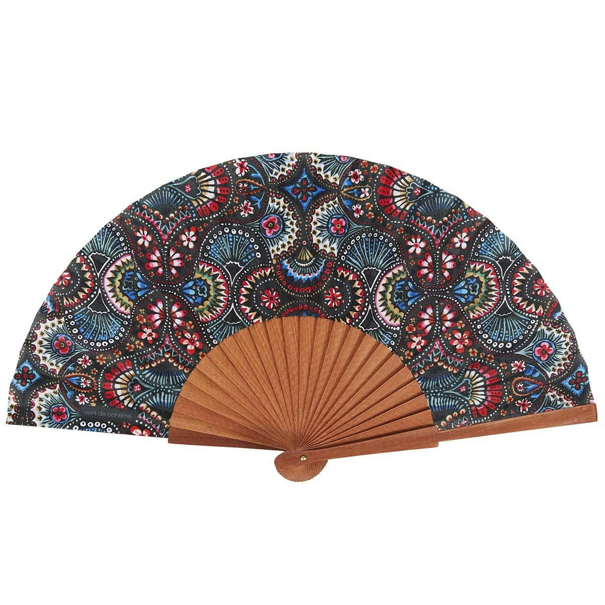 OLGA - Éventail en bois de merisier et coton imprimé design fleuri