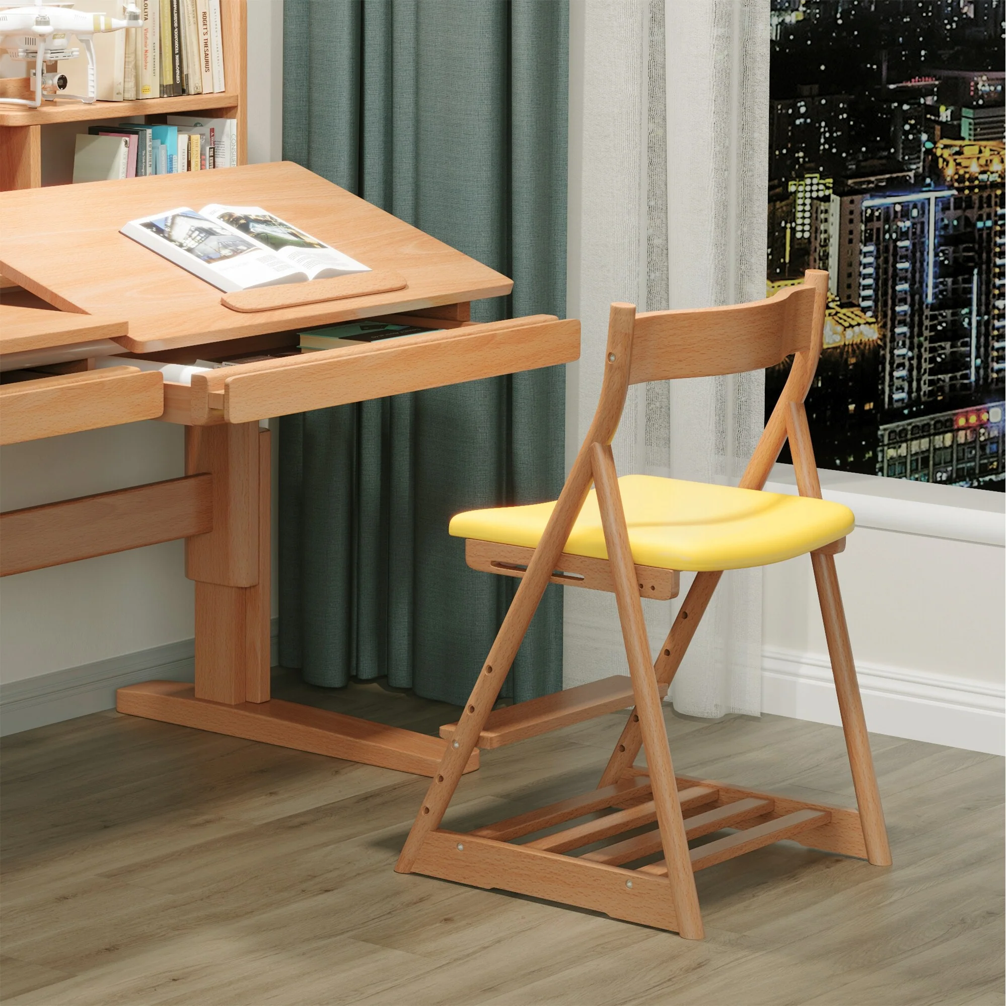 Ergonomic Kids Study Chair, Adjustable Height High Chair, Beech