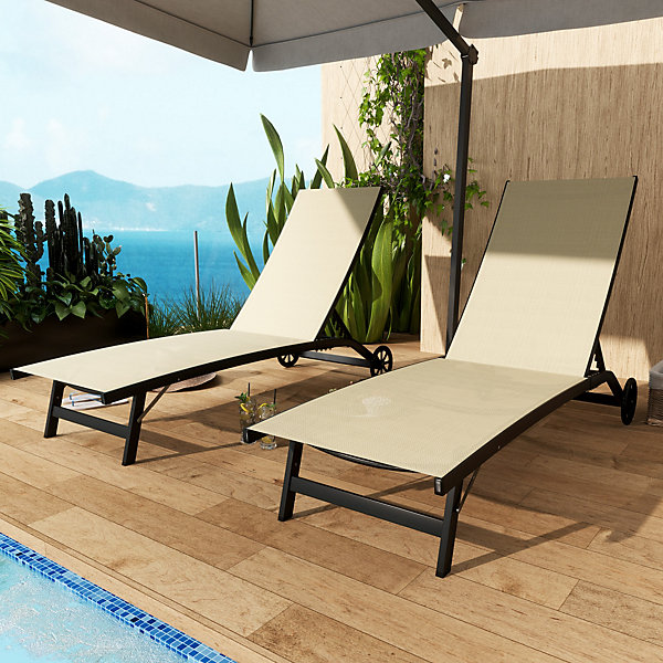 Lot de 2 bains de soleil transats inclinables - 2 roulettes - alu. textilène beige kaki