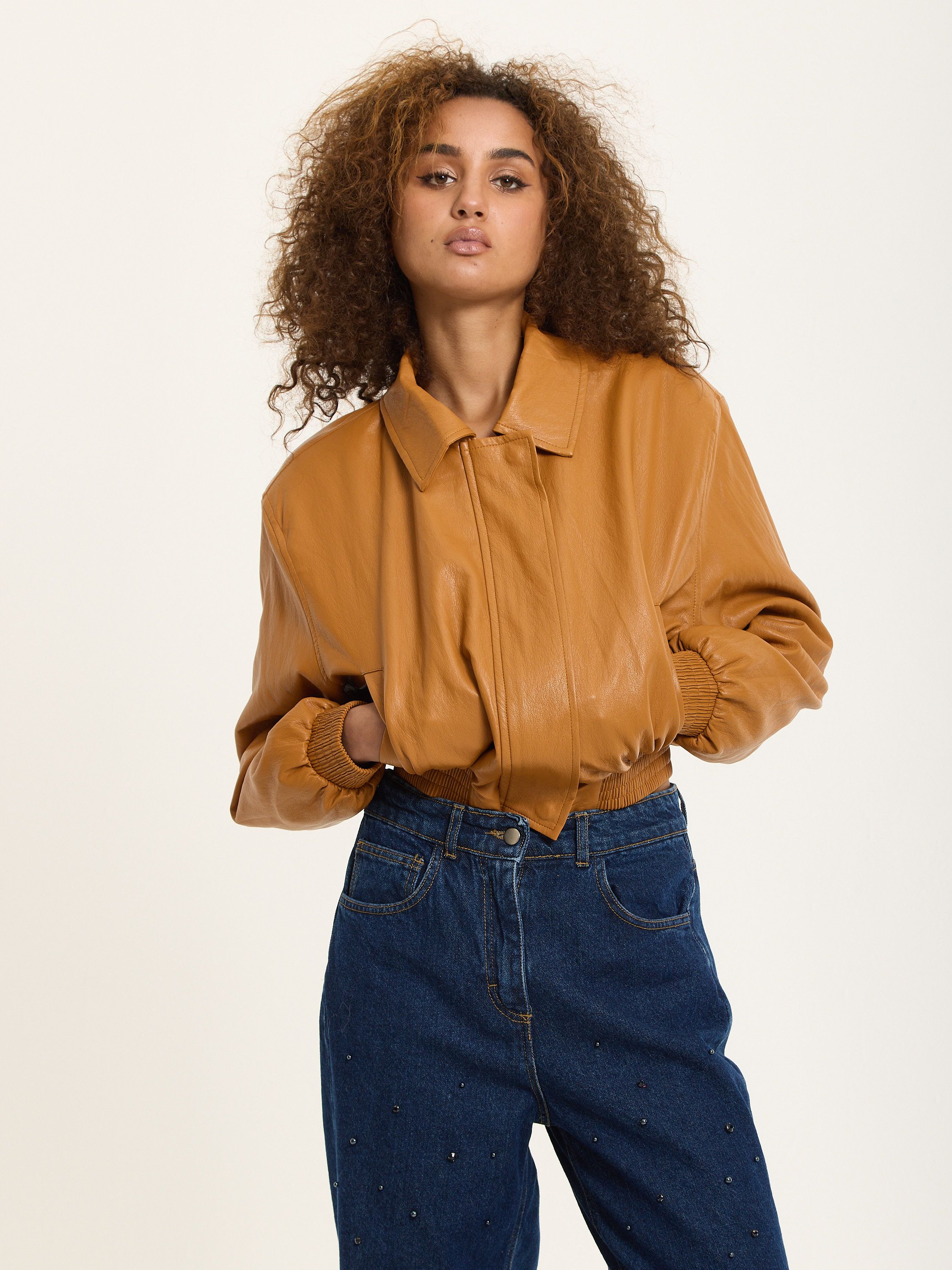 House of Holland Camel Faux Leather Bomber Jacket