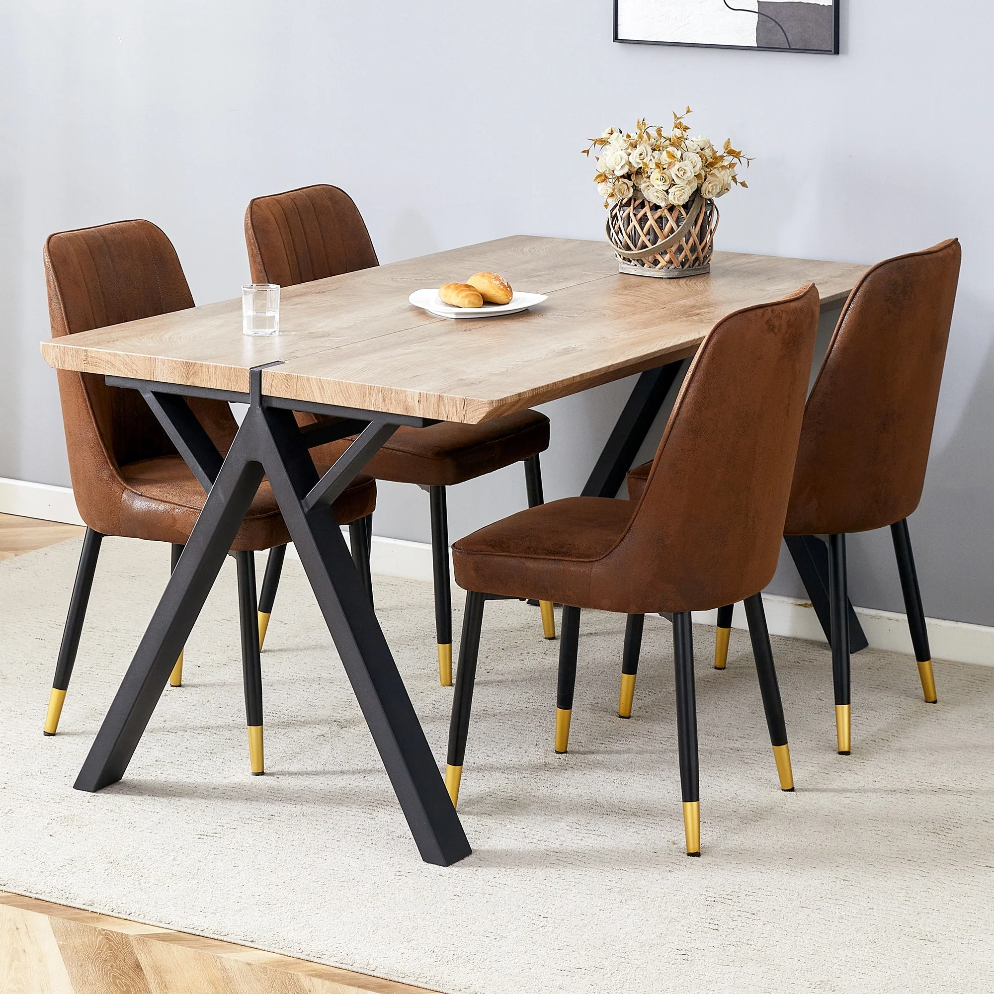Modern Style Dining Set with Rectangular Black A-Frame Table and Upholstered Dining Chairs