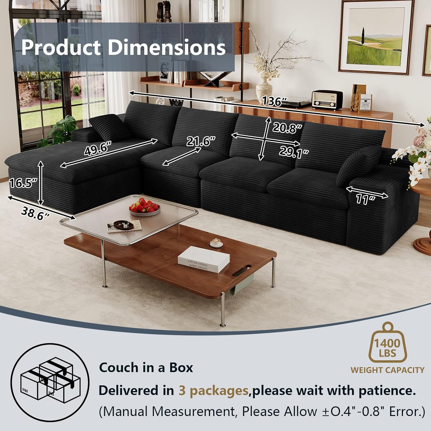 136 Cloud Modular Sectional Couch with L-Shaped Chaise,Corduroy Boneless Sofa,Memory Foam Couches in a Box with Deep Seat for Living Room,No Assembly Required (Black,Left-Facing Chaise)
