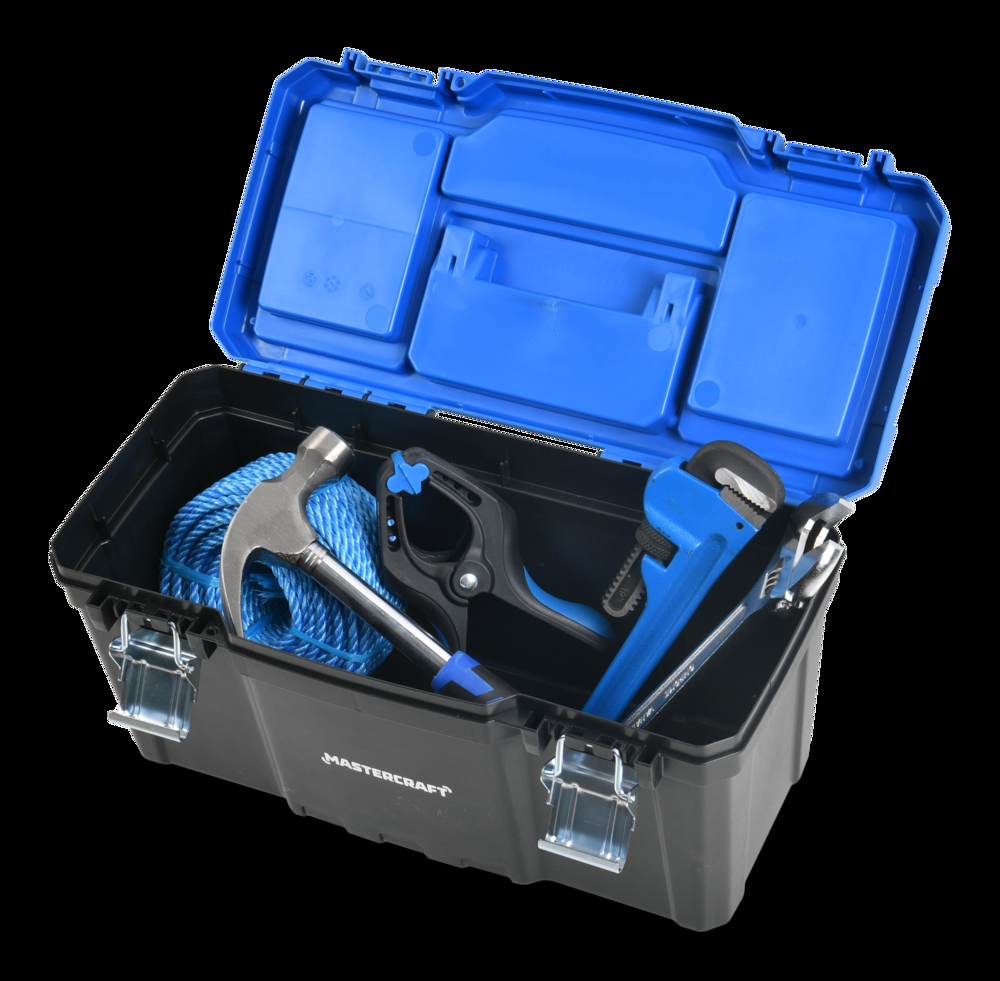 Mastercraft Portable Plastic Tool Box w/ Removable Tray & Tray Top, Blue, 22-in