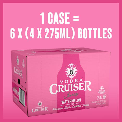 Vodka Cruiser Juicy Watermelon, Refreshing Flavoured Pre-Mixed Vodka Drink, 4.6% ABV, 275mL (Case of 24 Bottles)