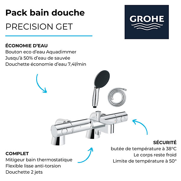 Pack mitigeur bain douche thermostatique GROHE Precision Get   douchette ronde2 jets   flexible