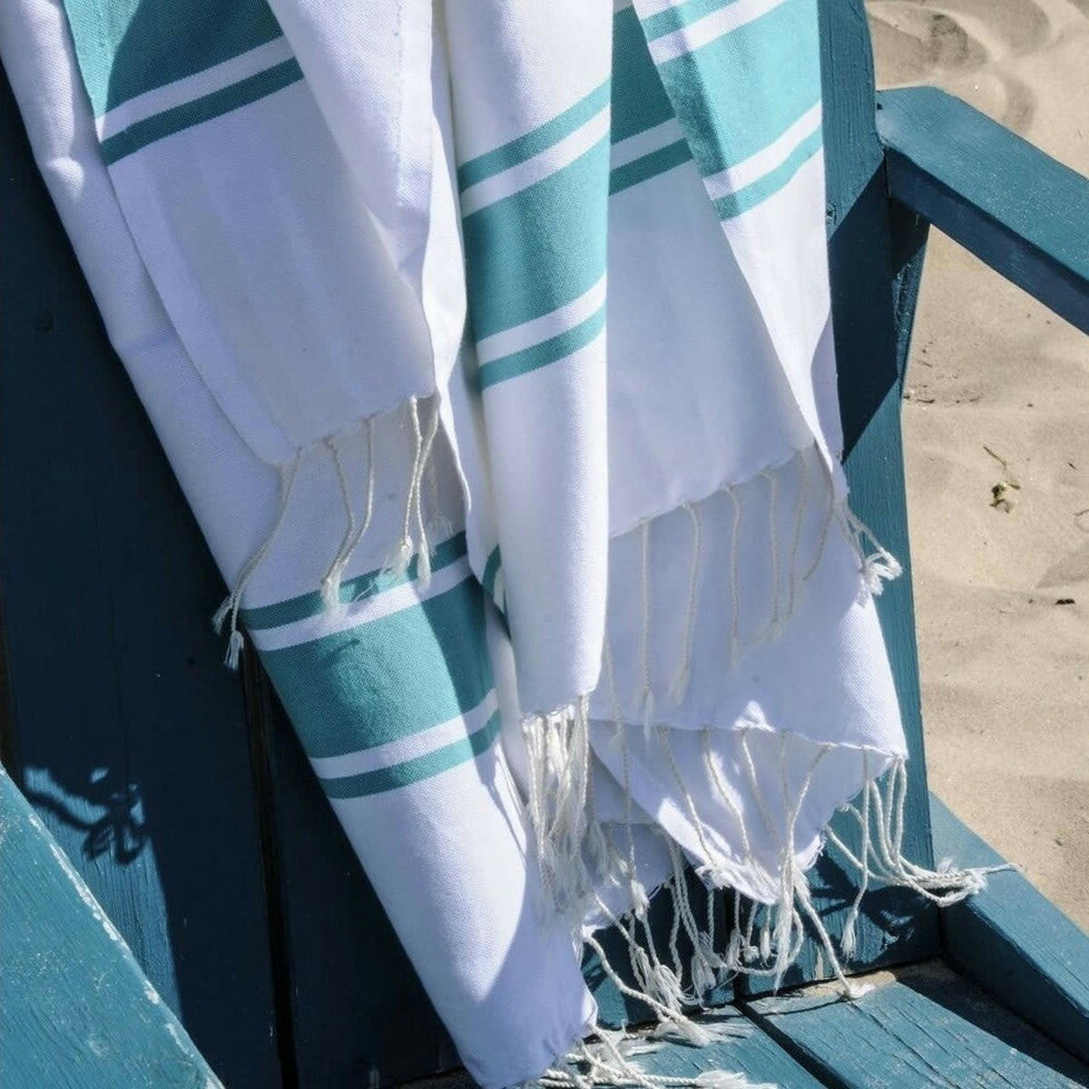 ST TROPEZ - Fouta blanche coton  100x200 blanc / vert turquoise