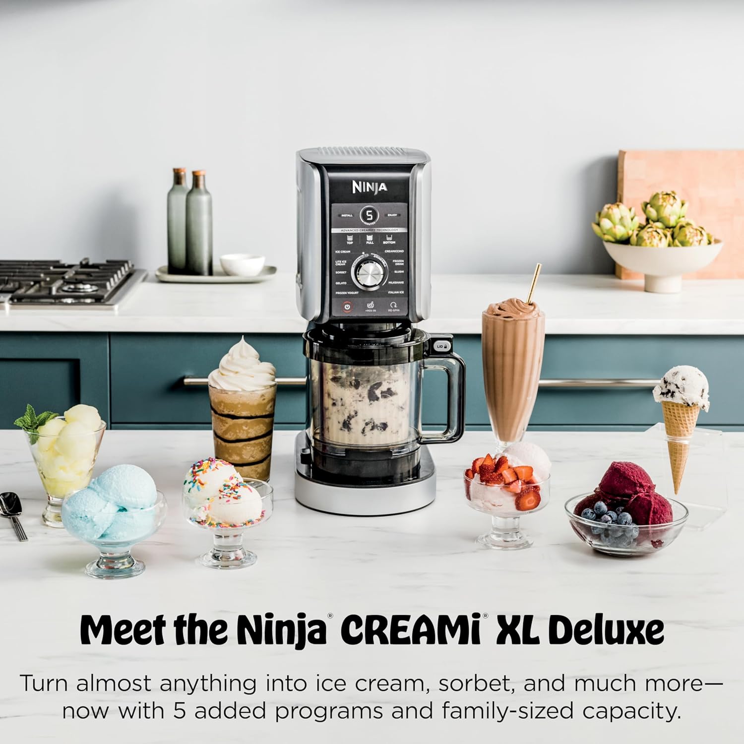 Ninja CREAMi Deluxe Ice Cream Maker, Treats and Frozen Desserts, Sorbet, Milkshakes, Yogurt and More, 11-in-1 Programs, XL Capacity, Includes Two 24-oz Family-Size Tubs, Silver, NC501