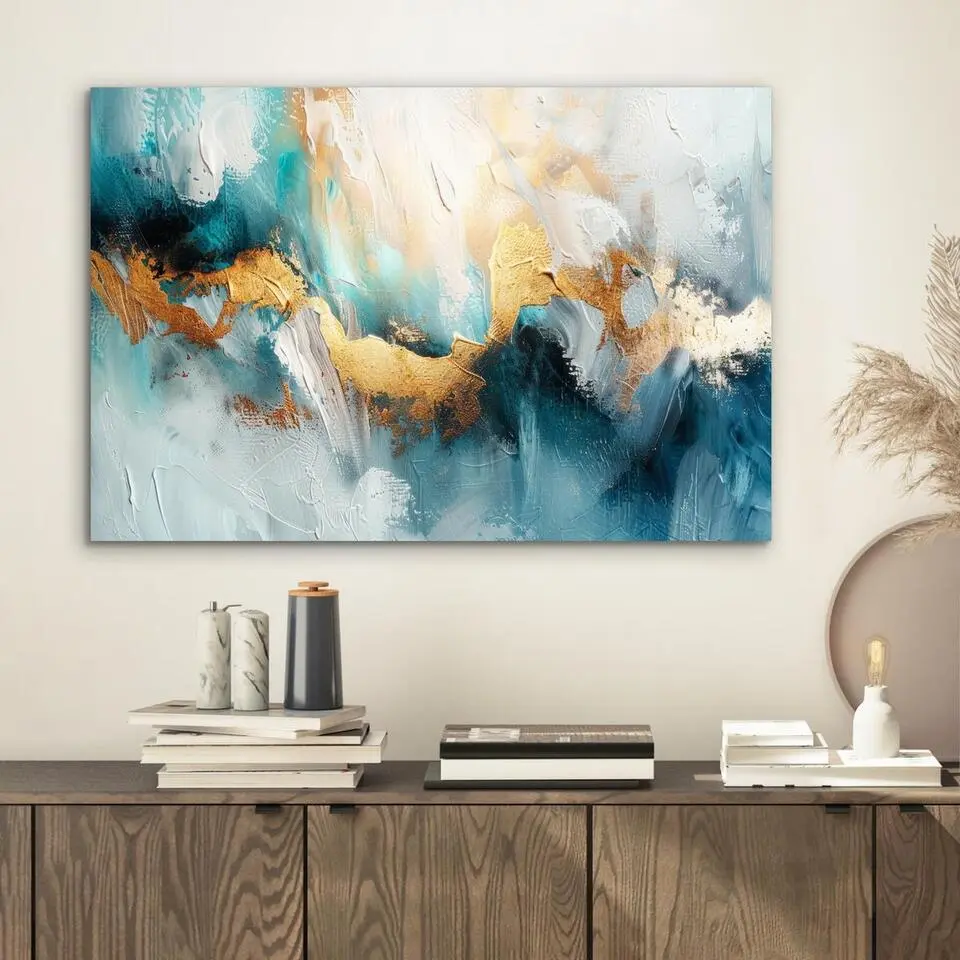 MuchoWow Aluminium Schilderij 60x40cm Abstract Kunst Gold Blauw