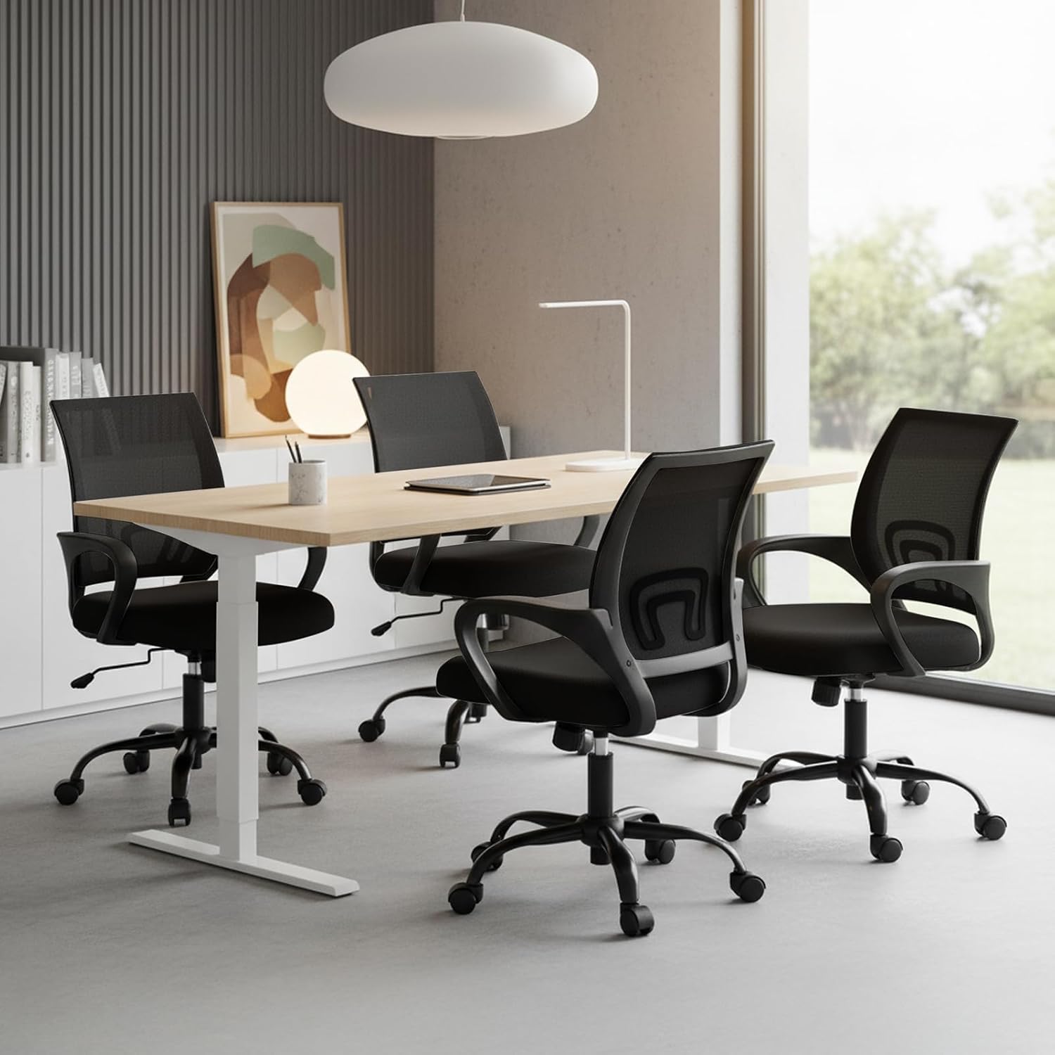 DUMOS Home Office Chair - Ergonomic Mid Back Mesh Desk Chair with Lumbar Support & Rocking Mode, Height Adjustable with Fixed Armrest, for Computer, Gaming, Meeting, 360° Swivel, Black