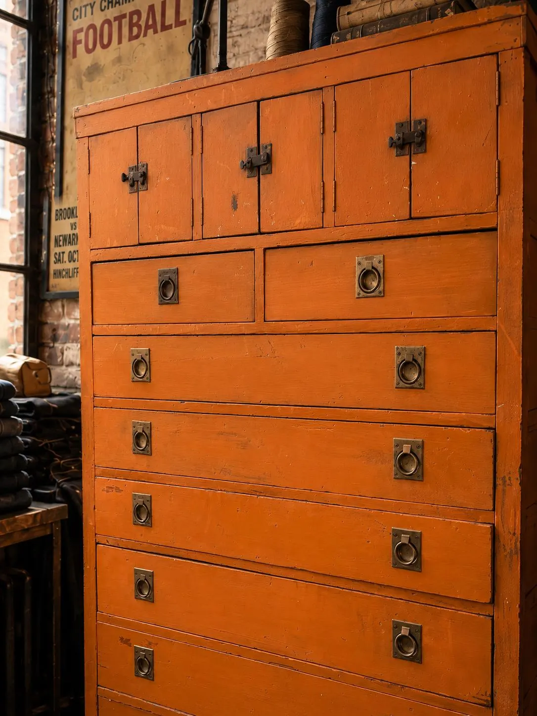 Antique Apothecary Cabinet flat File Industrial Wood drawer Brass Pull Hardware vintage