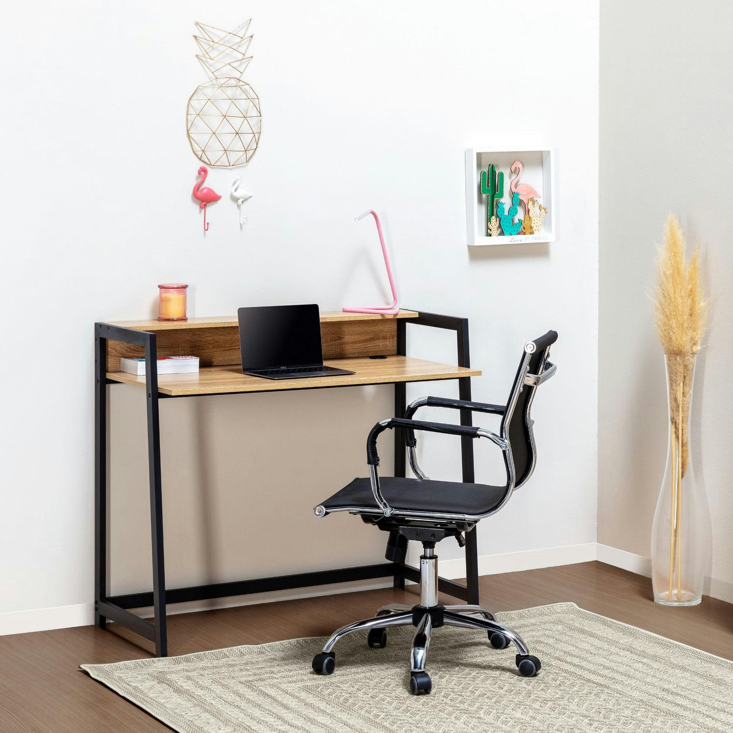 NAIA - Bureau noir, 1 étagère, style industriel, 104 cm longueur