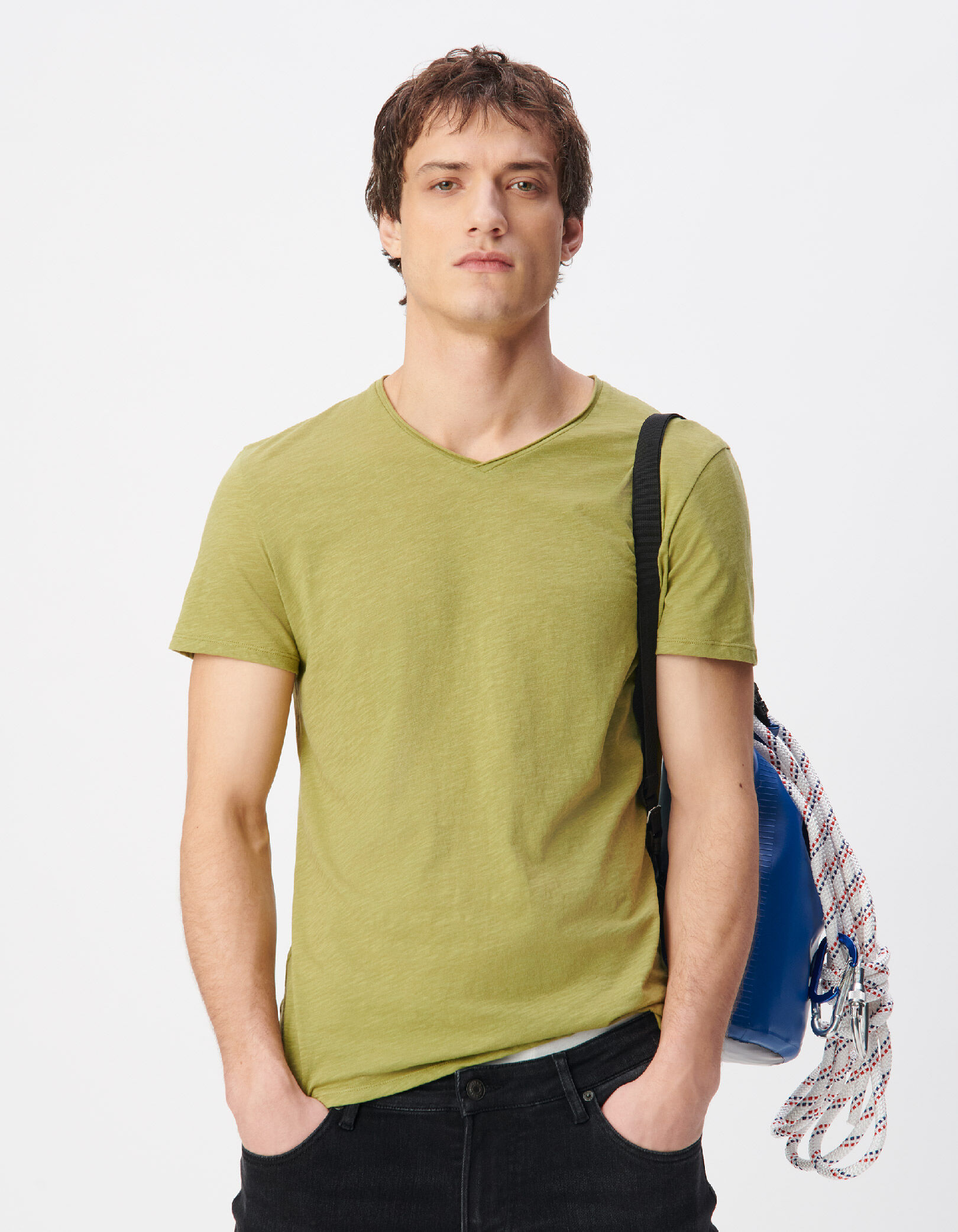 T-shirt encolure V vert coton bio flammé Homme