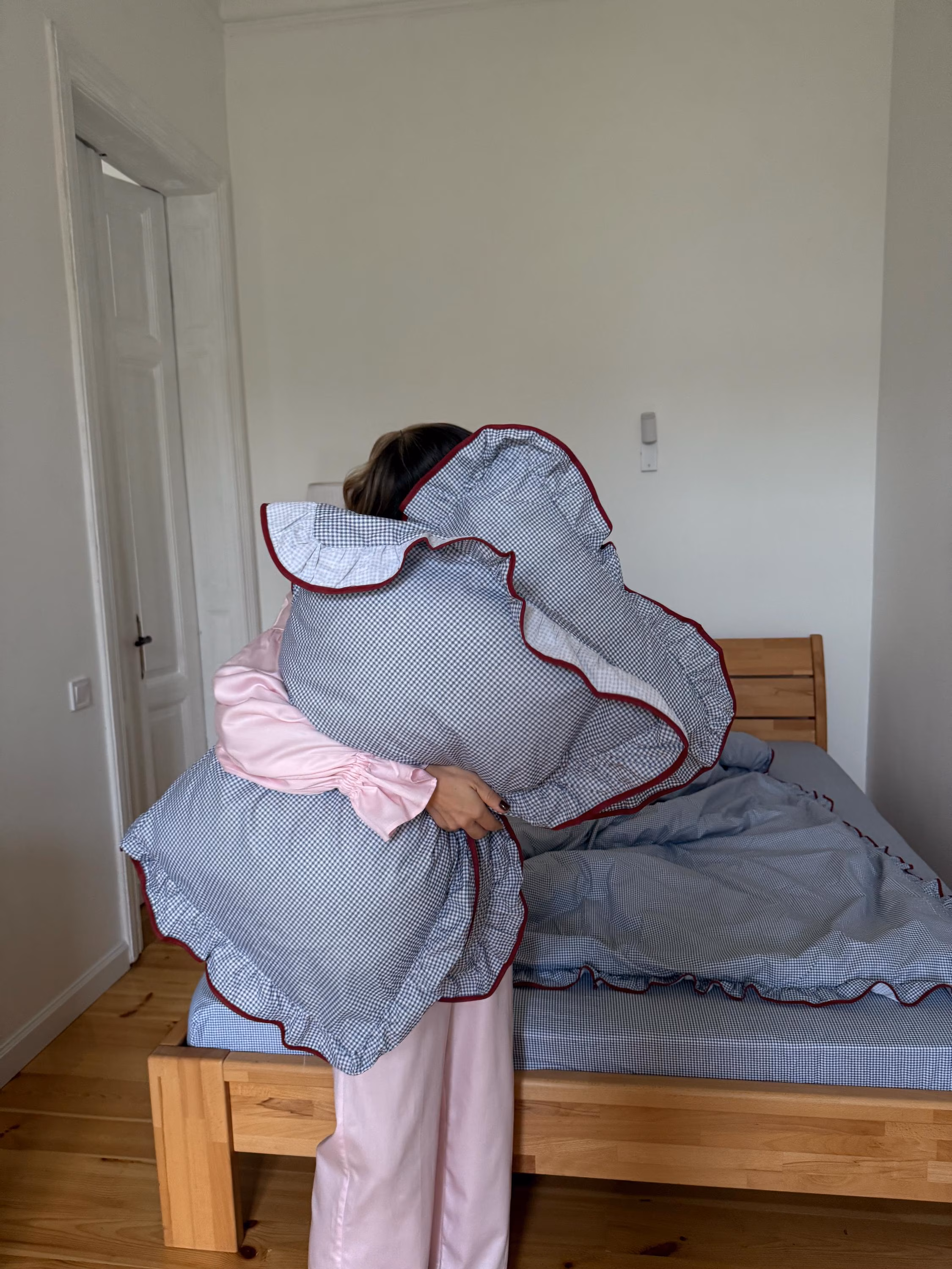 Midnight Blue Cage with Burgundy Ruffle Bedding Set Full, Cotton Duvet Cover,2 Pillowcase