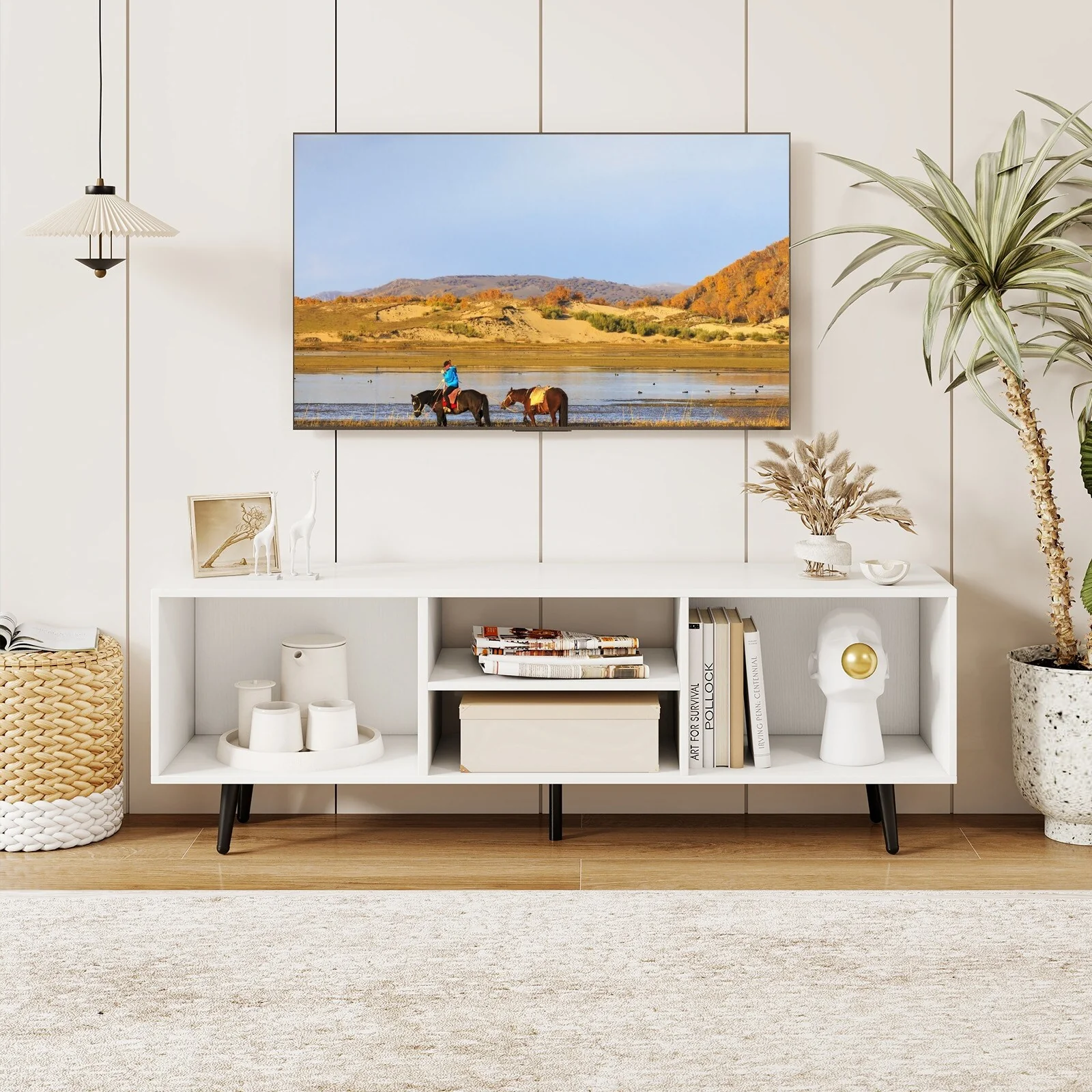 White Engineered Wood TV Stand for 55 inches TVs with Storage and Metal Legs - 47.5 L x 12 W x 16 H