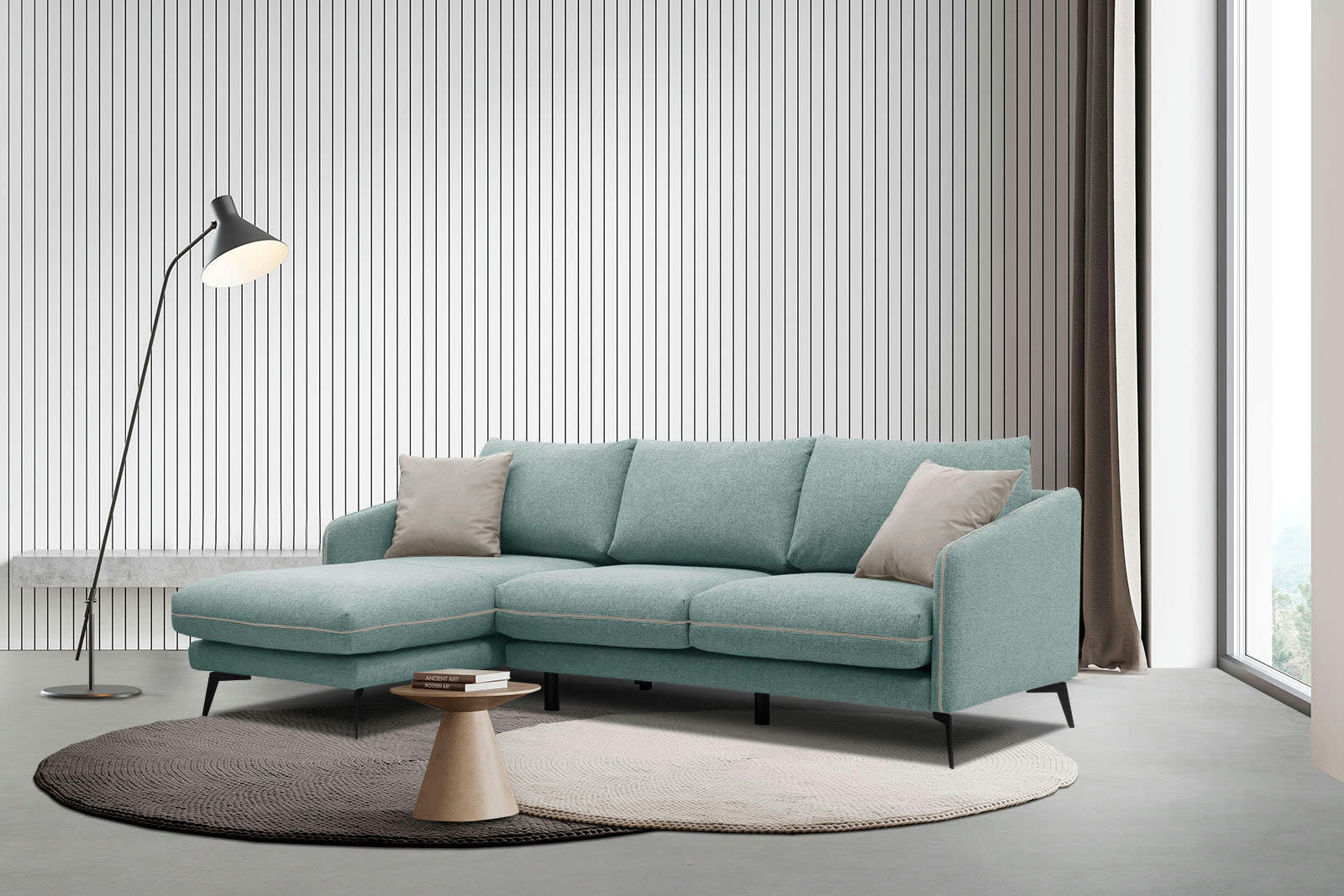 SOGEL - Canapé d'angle gauche 4 places tissu bleu turquoise